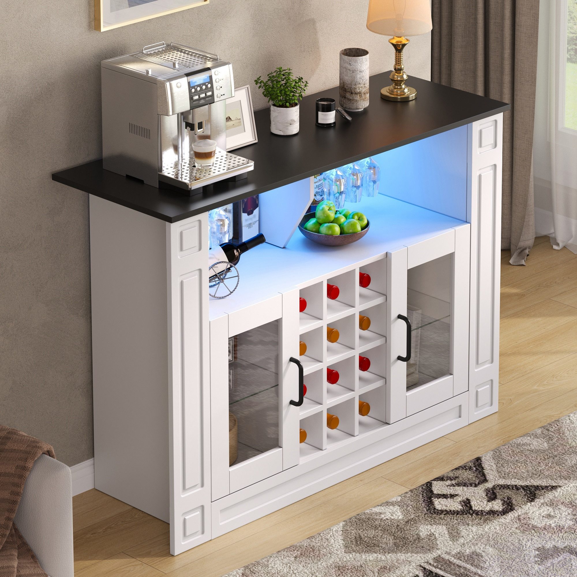 Flieks Weinschrank Weinschrank Weinregal Barschrank mit Gläserhalter, LED-Beleuchtung (1-St., 120 × 35 × 84 cm) Weinständer Highboard mit verstellbarer Glaseinlegeböden Weiß