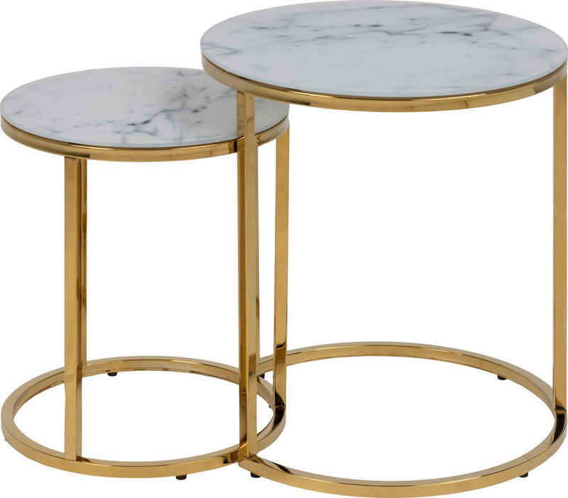 Leonique Beistelltisch »Alina« (2-St), Tischsatz, 2 Tische Ø45/H50 und Ø35/H42cm, Glasplatte in Marmoroptik und Gold Chrom Gestell