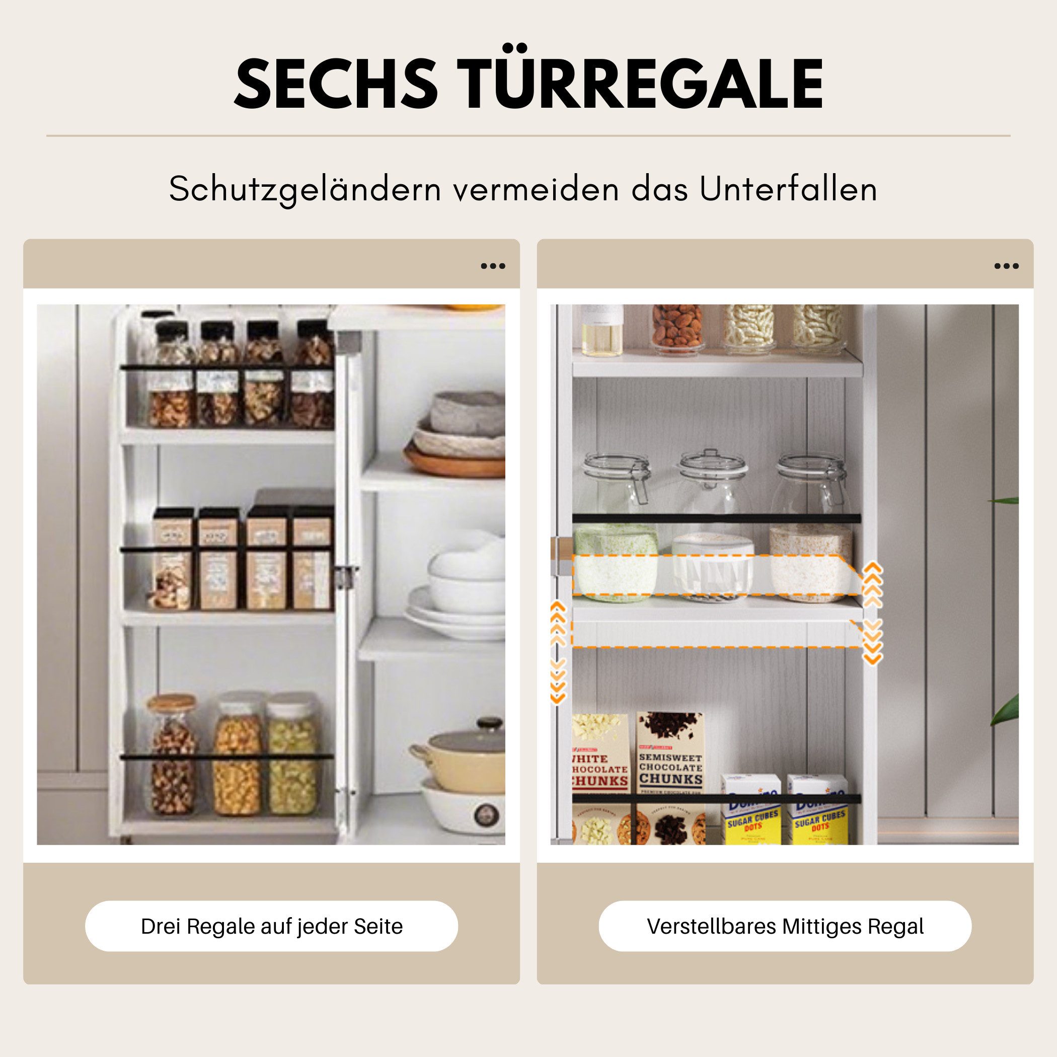 SeedWave Anrichte Modern Küchenbuffet Mehrzweckschrank Beistellschrank mit Viel Stauraum, Türregale mit Schutzgeländern, Wandhalterung für Anti-Kipp Funktion