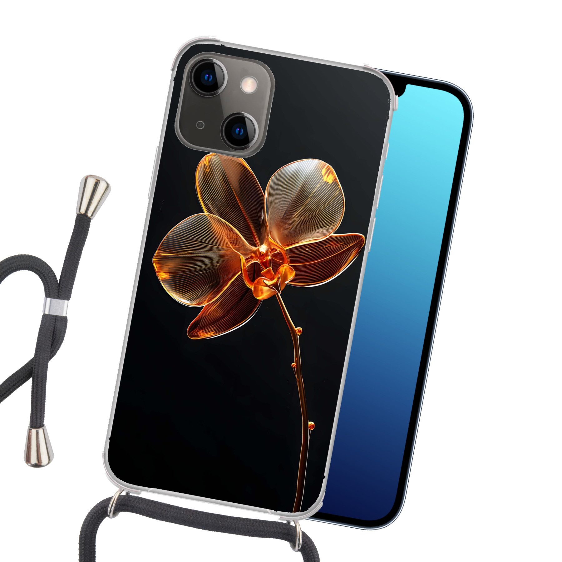 MuchoWow Handyhülle für Apple iPhone 13 Mini Orchidee - Transparent - Blume, Tragbare Handyhüllen mit Kette zum umhängen, Handykette Handyband