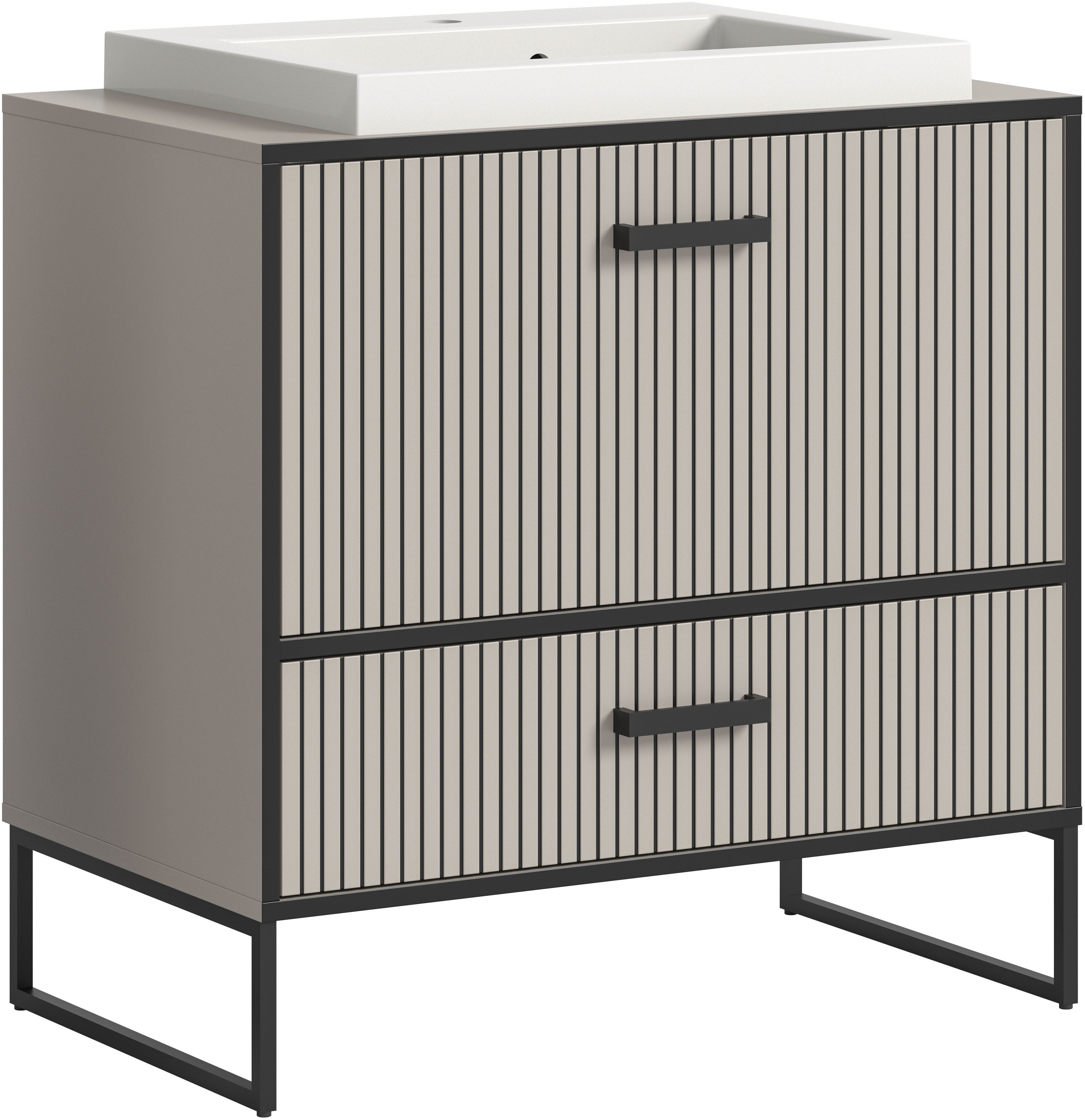 welltime Waschbeckenunterschrank Locri, Höhe 84 cm, Rillenoptik, Metallkufen (2-St) Aufsatzwaschbecken, modernes Design, Unterschrank, Badschrank, Bad