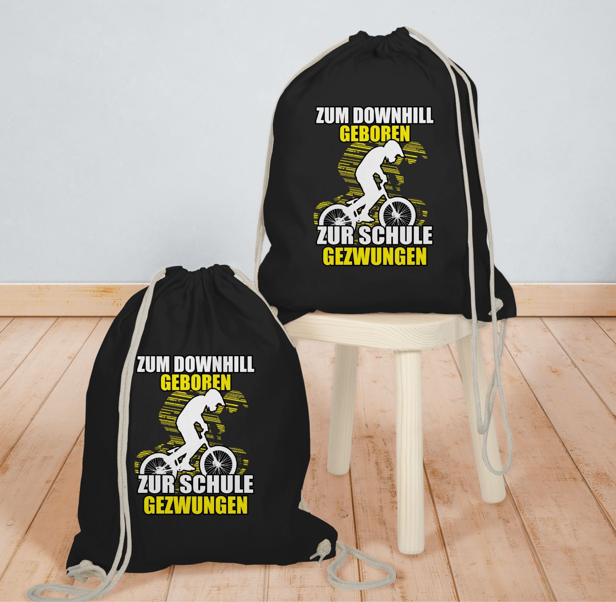 Shirtracer Turnbeutel Zum Downhill geboren zur Schule gezwungen, Fahrrad Bekleidung Radsport