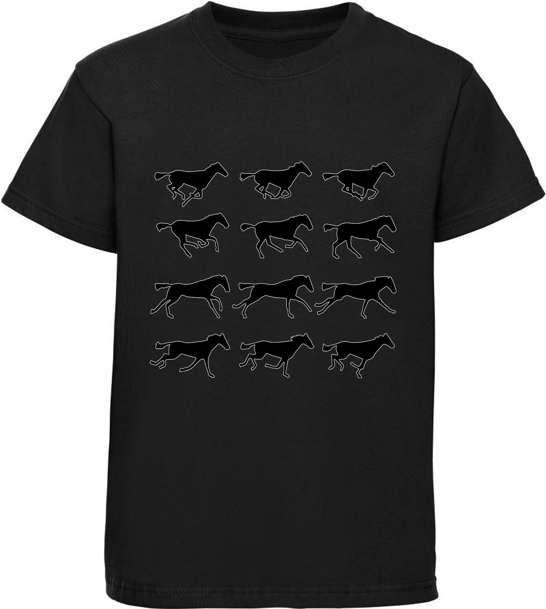 MyDesign24 Print-Shirt schwarz Baumwollshirt Aufdruck, bedrucktes von - i173 Pferden mit Silhouetten T-Shirt Mädchen
