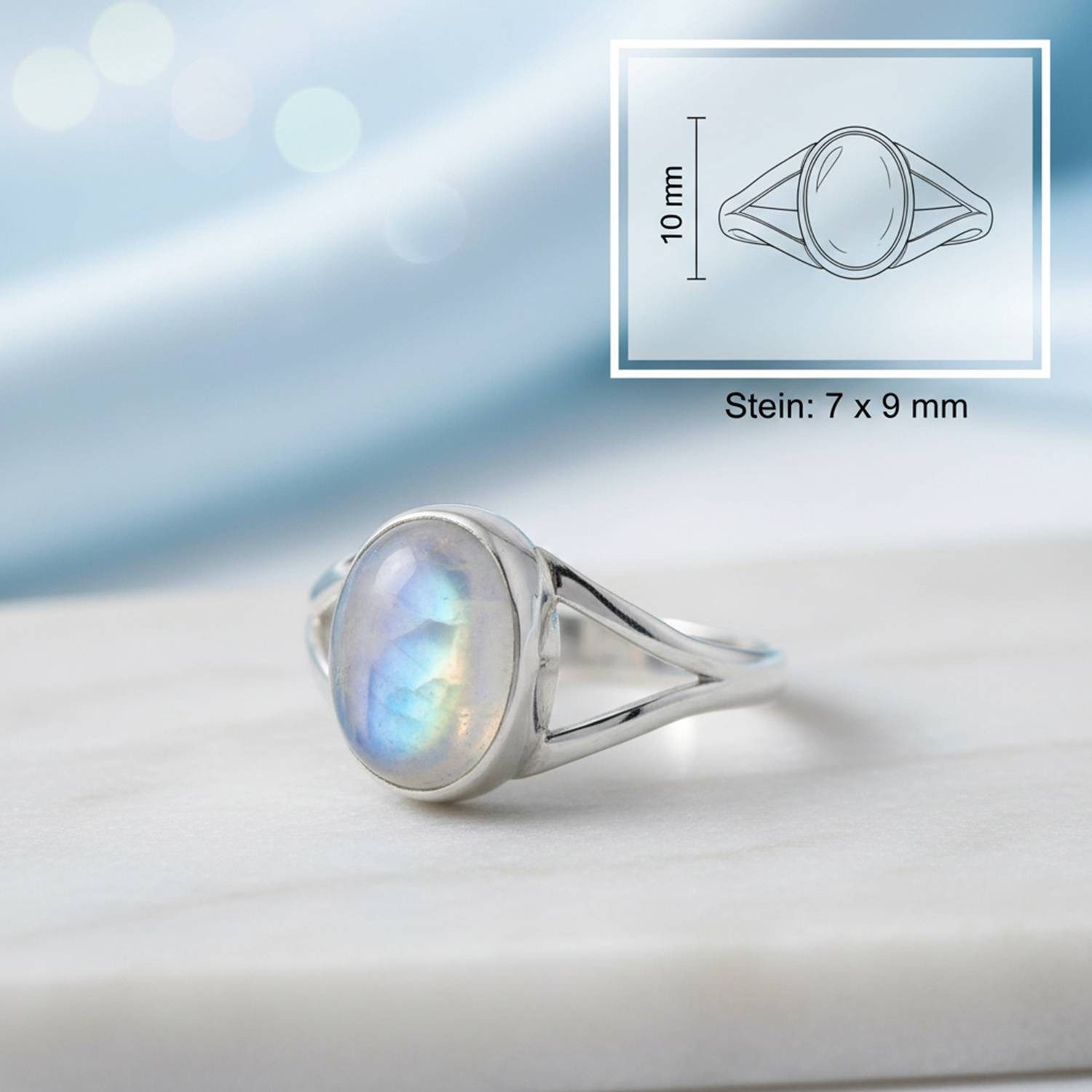 mantraroma Silberring HARDIN aus 925 Silber mit Regenbogen Mondstein (Ring mit Schmuckbeutel), Damenring aus 925er Silber