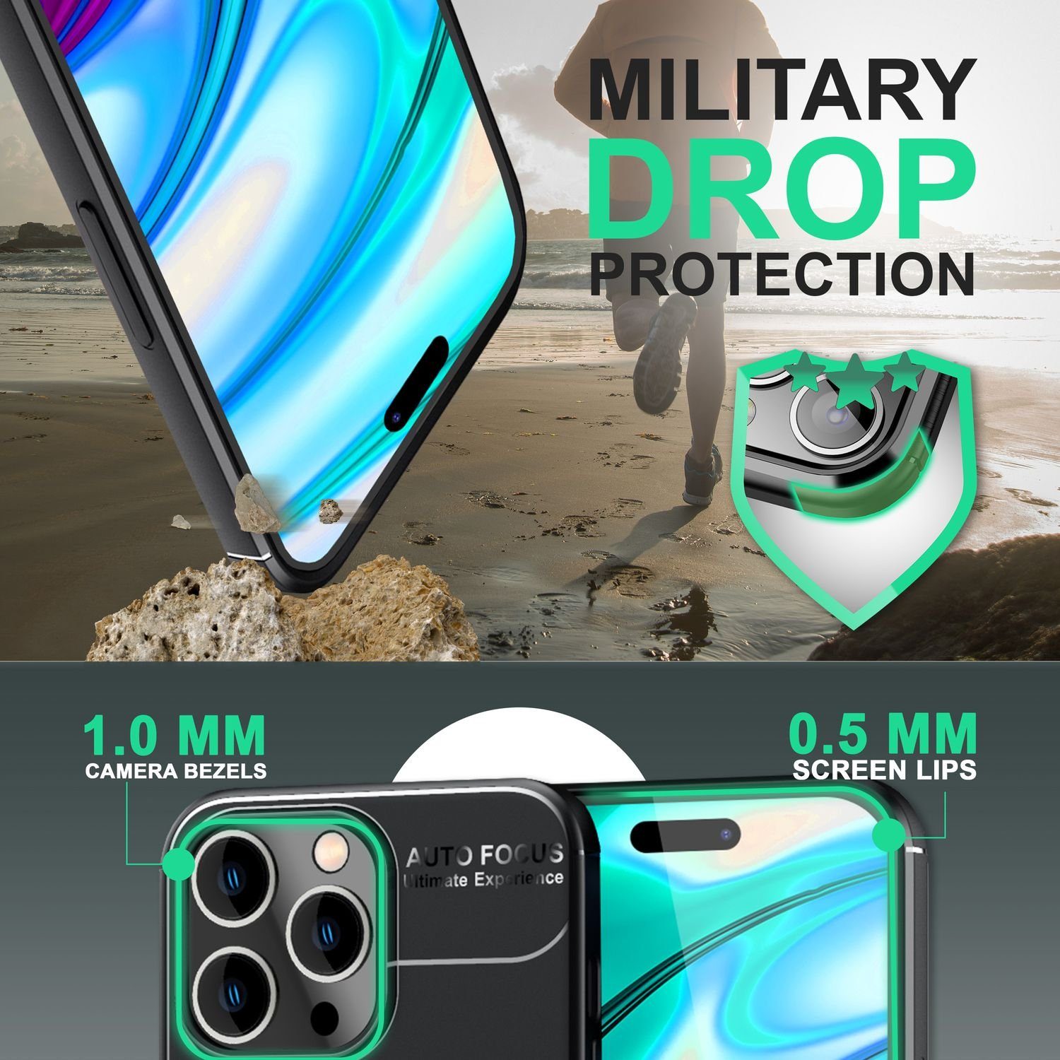 Nalia Smartphone-Hülle Apple iPhone 14 Pro 15,5 cm (6,1 Zoll), Matte Ring Silikon Hülle / 360 Grad Ring / Standfunktion / Rutschfest