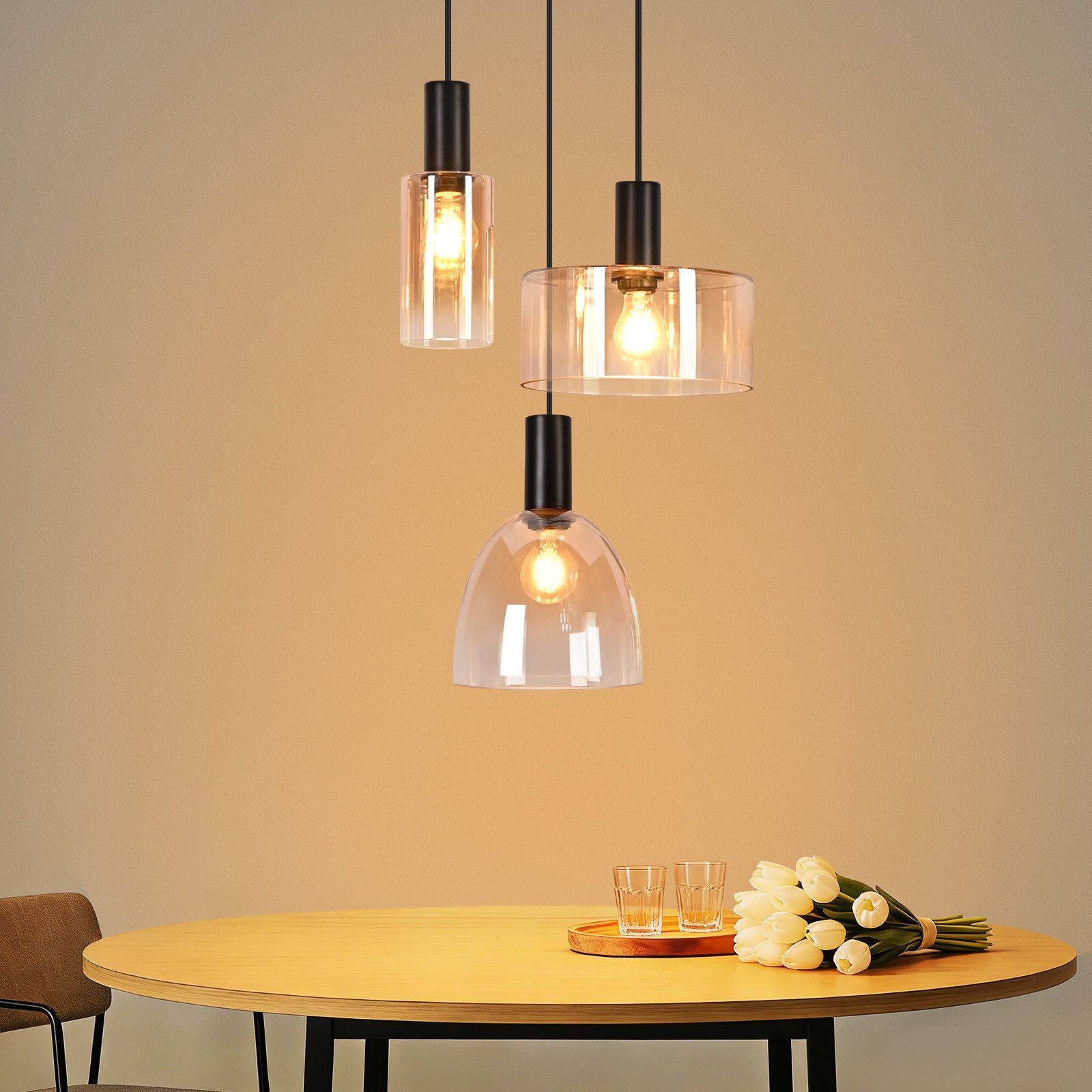 ZMH Pendelleuchte Vintage 3/4 Flammig Glas E27 Esstisch Hängelampe für Küche, Hochwertige Material, ohne Leuchtmittel, Drei amberfarbene Glasschirme (unterschiedliche Größen & Formen)