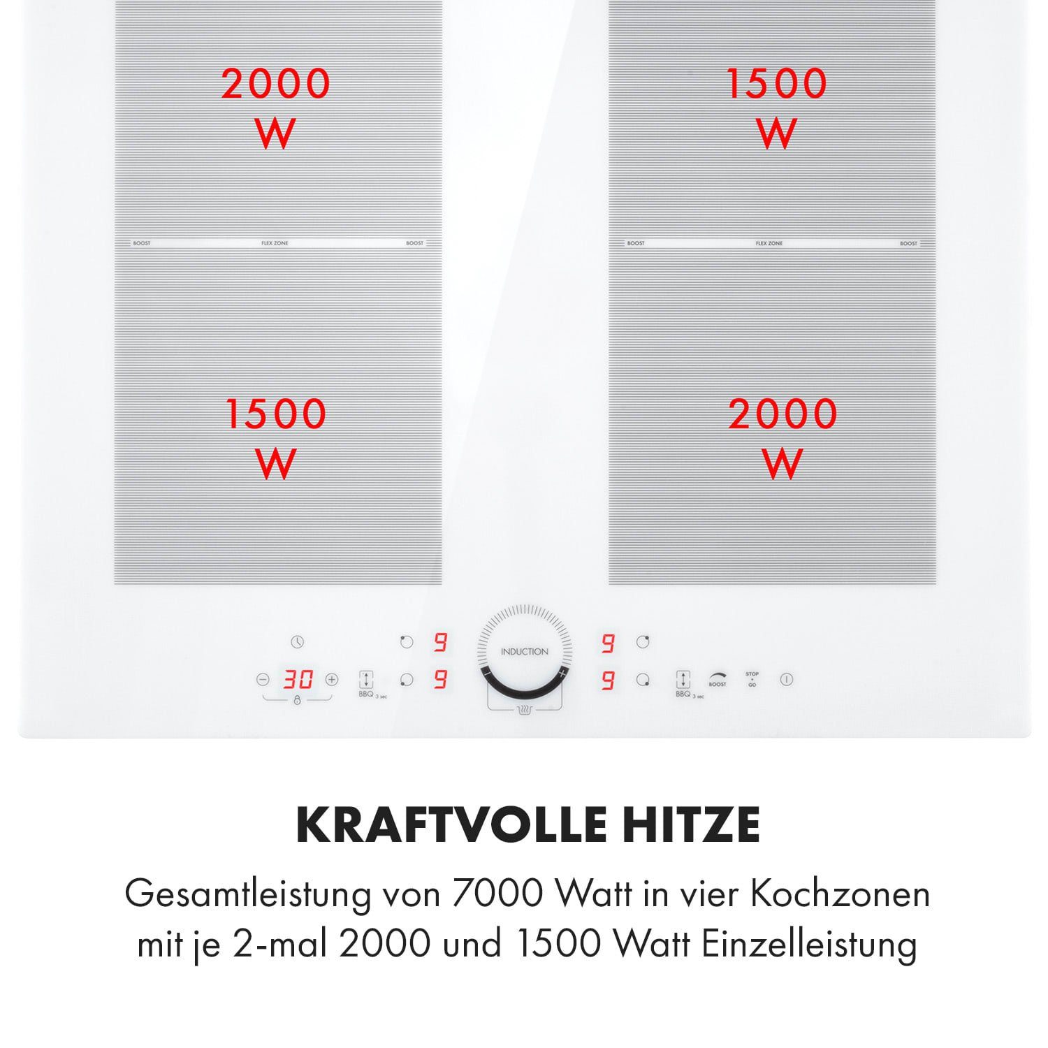 Klarstein Induktions-Kochfeld Delicatessa 60 Induktionskochfeld 4 Zonen 7000W 60 cm Glaskeramik weiß, Einbau Glaskeramikkochfeld 4 Platten Elektro Einbaukochfeld Induktion