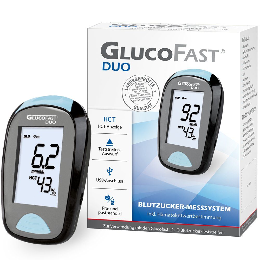 GLUCOFAST Blutzuckermessgerät DUO Maßeinheit in MMOL, Starterset, Ink. 10 Teststreifen, 10 Lanzetten und Lanzettiergerät, Blutzucker und Hämatokritwert mit einer Messung bestimmen