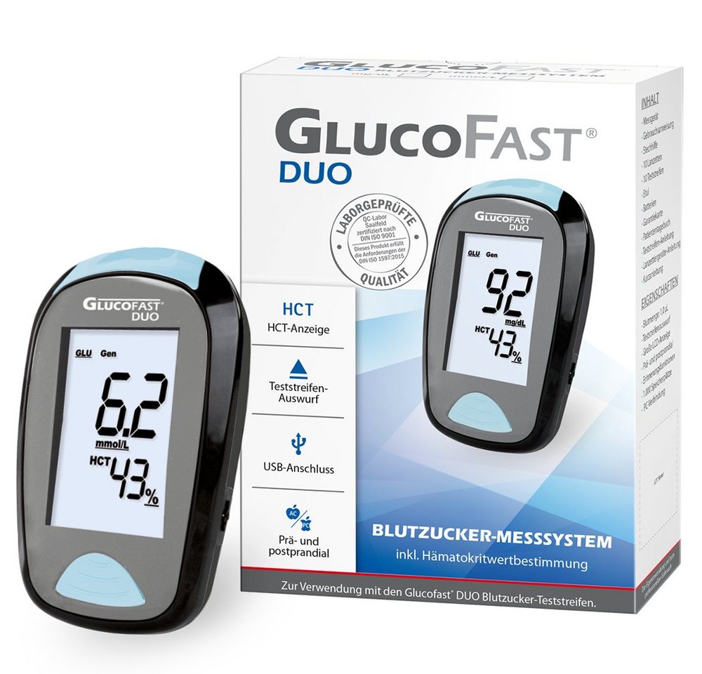 GLUCOFAST Blutzuckermessgerät DUO Maßeinheit in MMOL, Starterset, Ink. 10 Teststreifen, 10 Lanzetten und Lanzettiergerät, Blutzucker und Hämatokritwert mit einer Messung bestimmen