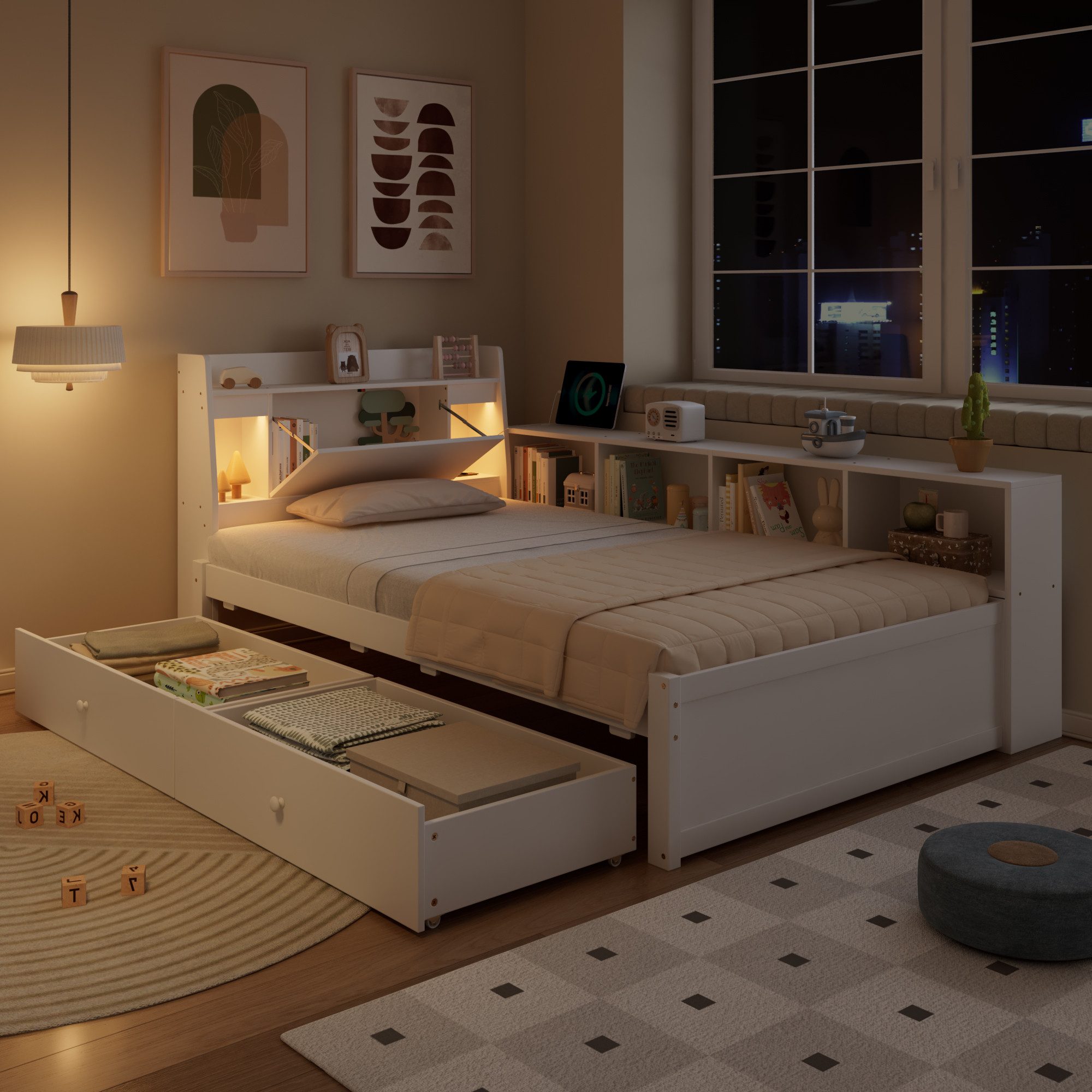 Flieks Holzbett, Einzelbett Kinderbett 90x200cm mit LED Stauraum Aufladen 2 Schubladen