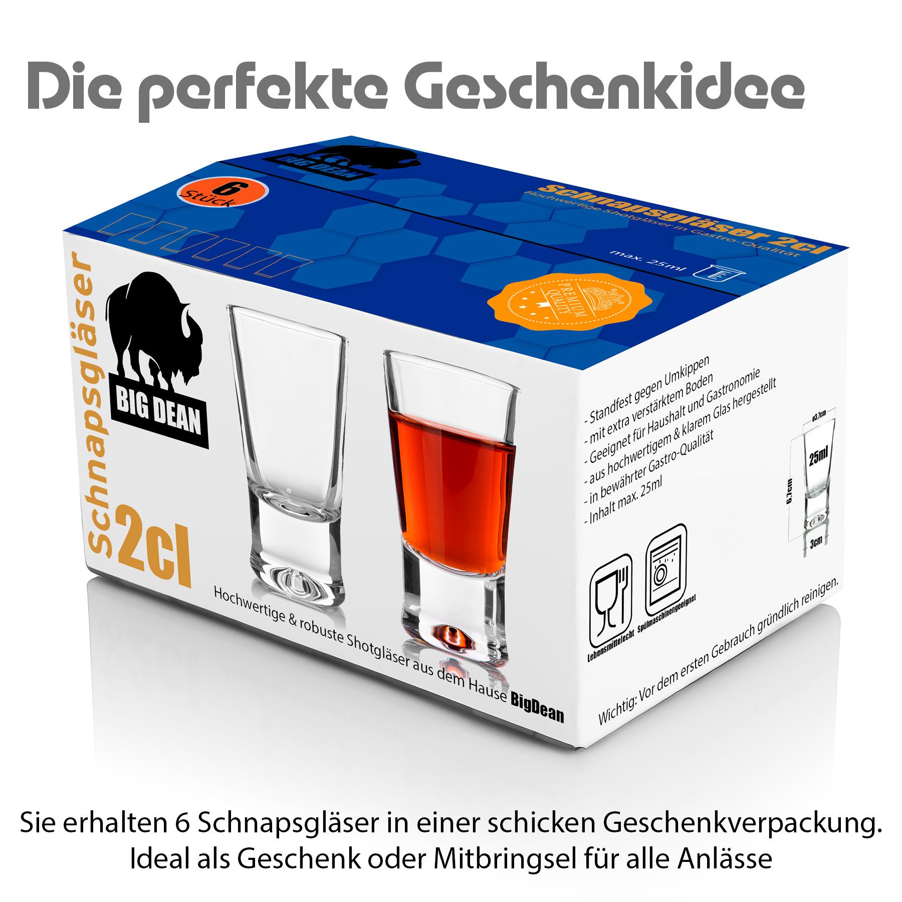 BigDean Schnapsglas 2cl in Geschenkbox – hochwertige Shotgläser lebensmittelecht, 6-tlg., Glas, Robustes Glas, Langlebige Qualität, Elegante Form, Vielseitig.