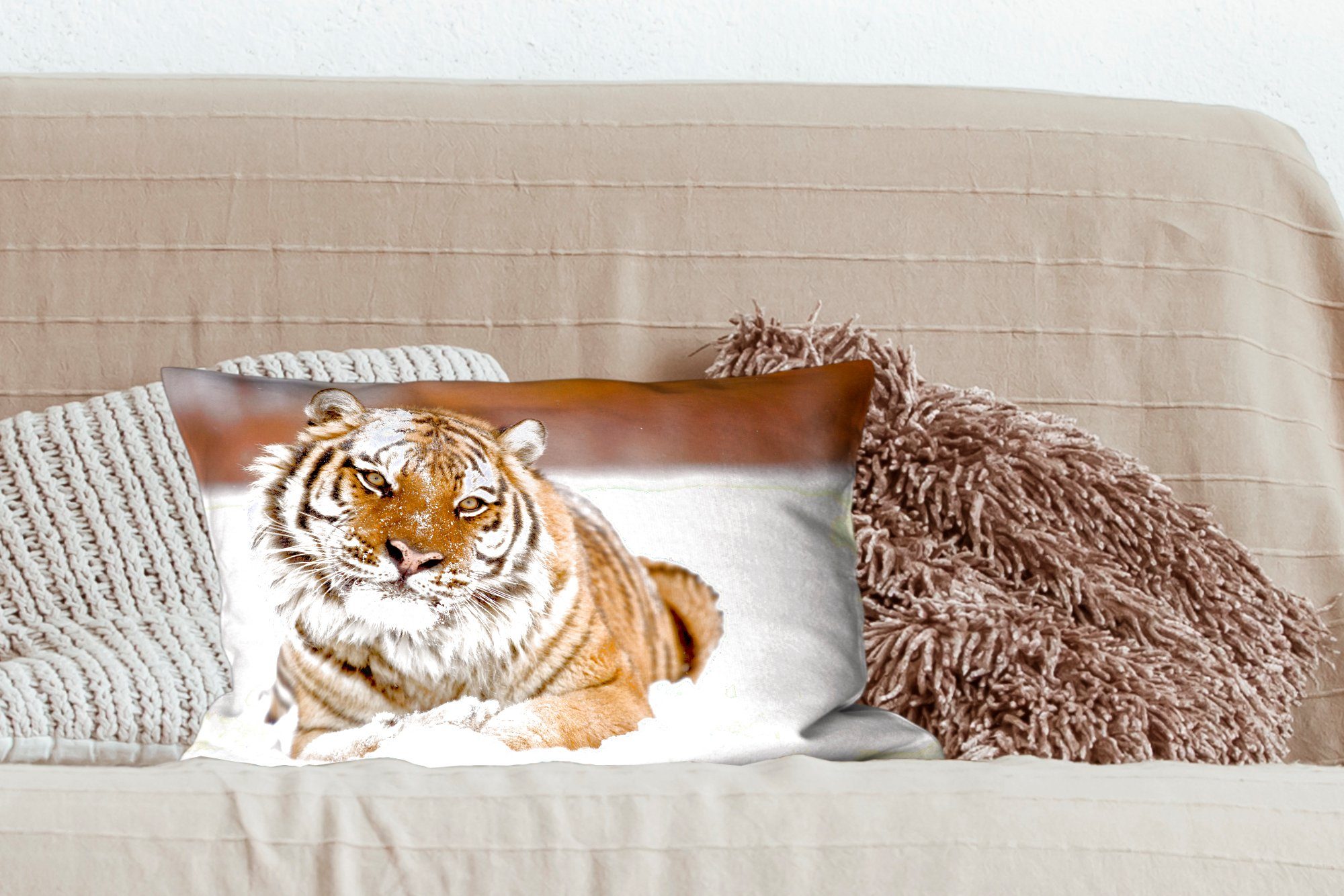 Schnee Schlafzimmer Dekoration, Füllung, MuchoWow - Dekokissen Weiß, - Wohzimmer mit Zierkissen, Tiger Dekokissen