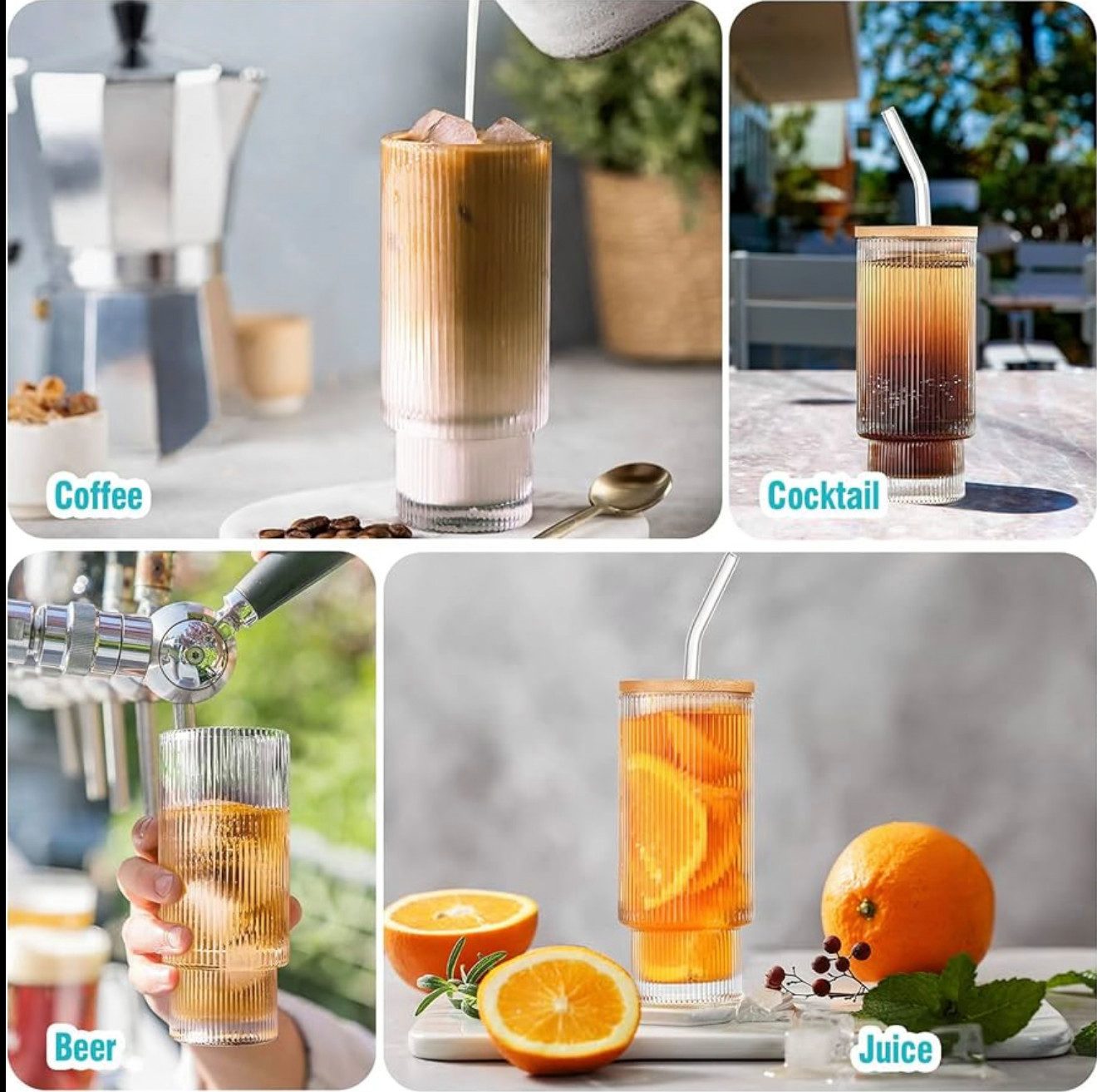 Anhow Cocktailglas 4er Cocktailgläser 350ml mit Deckel & Glasstrohhalm – stapelbar, Glas, Stapelbare Cocktailgläser mit Deckel & Strohhalm aus Glas