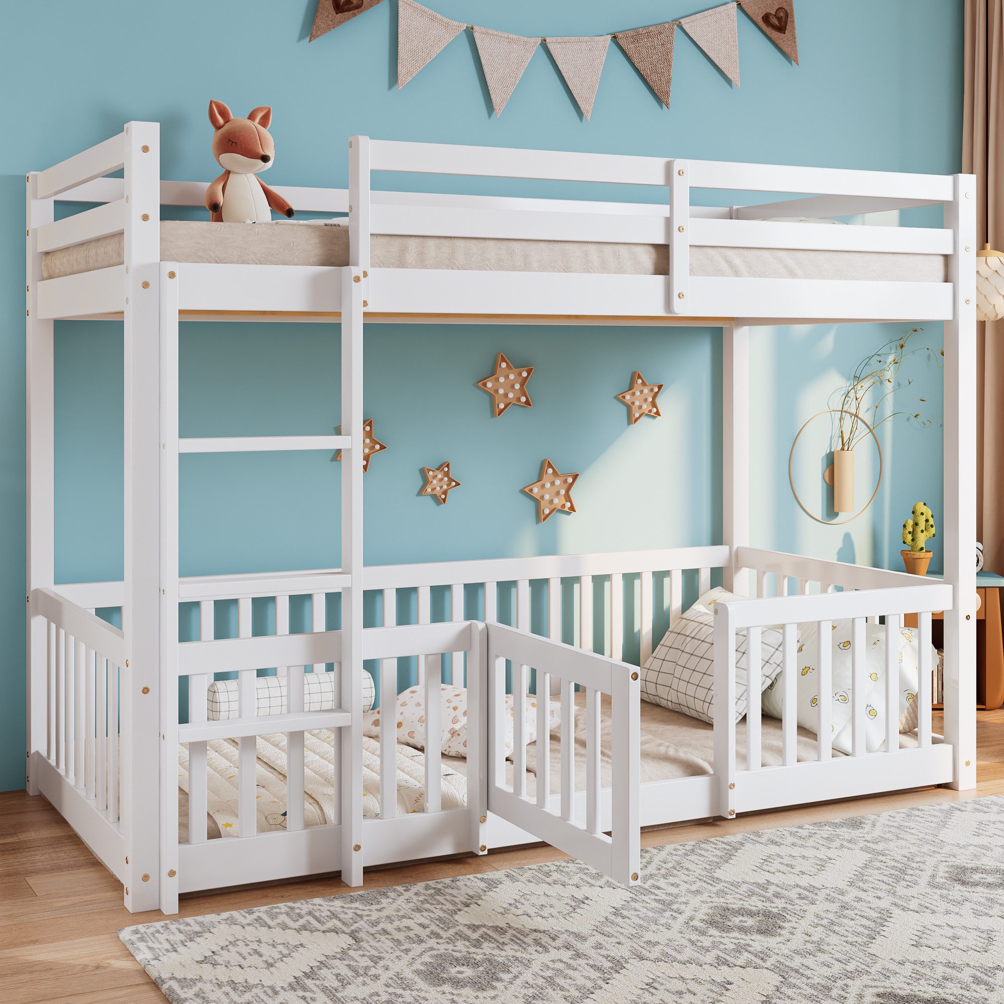 TavilaEcon Etagenbett Kinderbett mit Zäune und Türchen, rechtwinkliger Trep günstig online kaufen