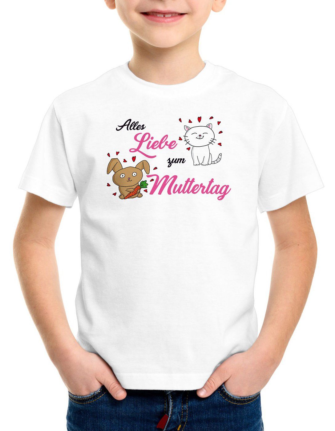 style3 Print-Shirt Kinder T-Shirt Alles Liebe zum Muttertag Katze Mutter Mama Mum Geschenk i love weiß