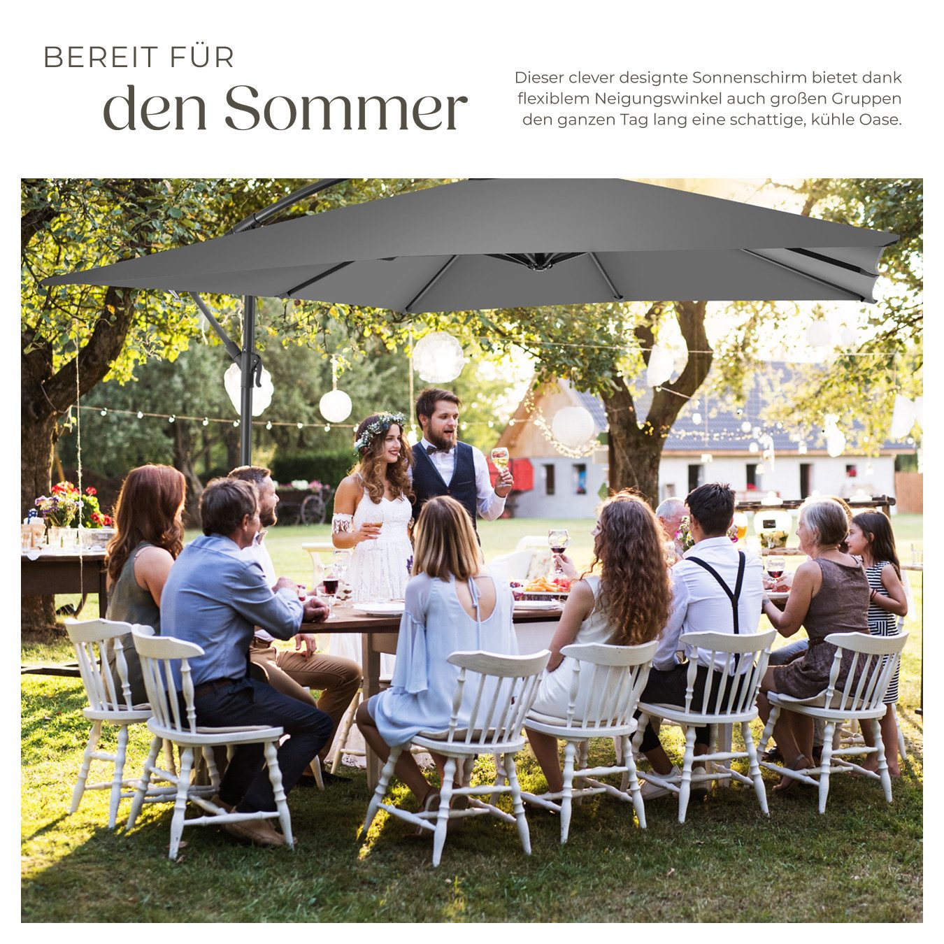 tectake Ampelschirm Sonnenschirm, inkl. Windsicherung und Schutzhülle, 250 x 250 cm, Balkonschirm Apollon, für Außen in Hellgrau, leichtgängiger Mechanismus, verstellbarer Neigungswinkel, mit Winddach