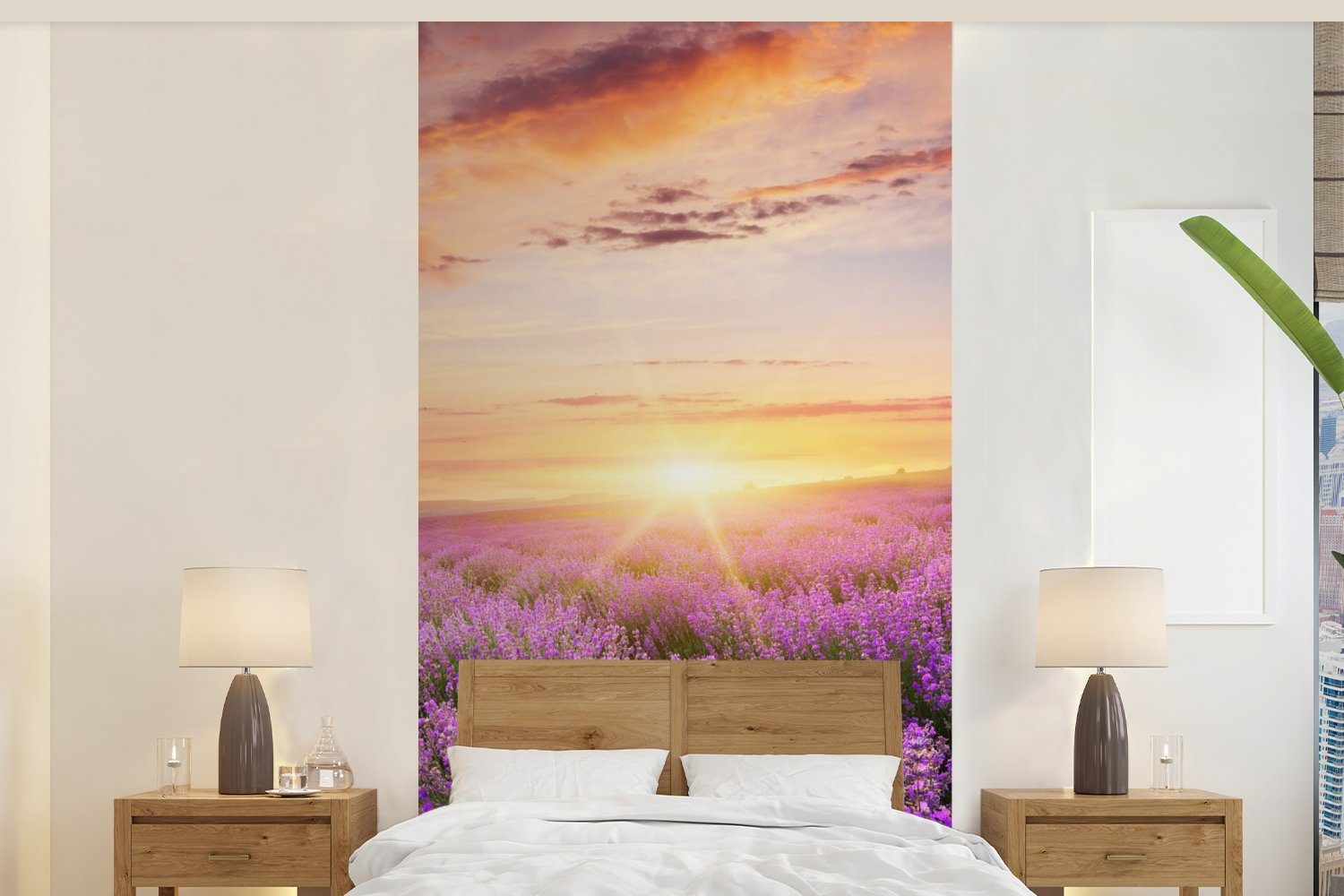 MuchoWow Matt, (2 bedruckt, Fototapete Blumen, Fototapete Schlafzimmer Sonne für - Vliestapete Küche, St), Wohnzimmer Lavendel -