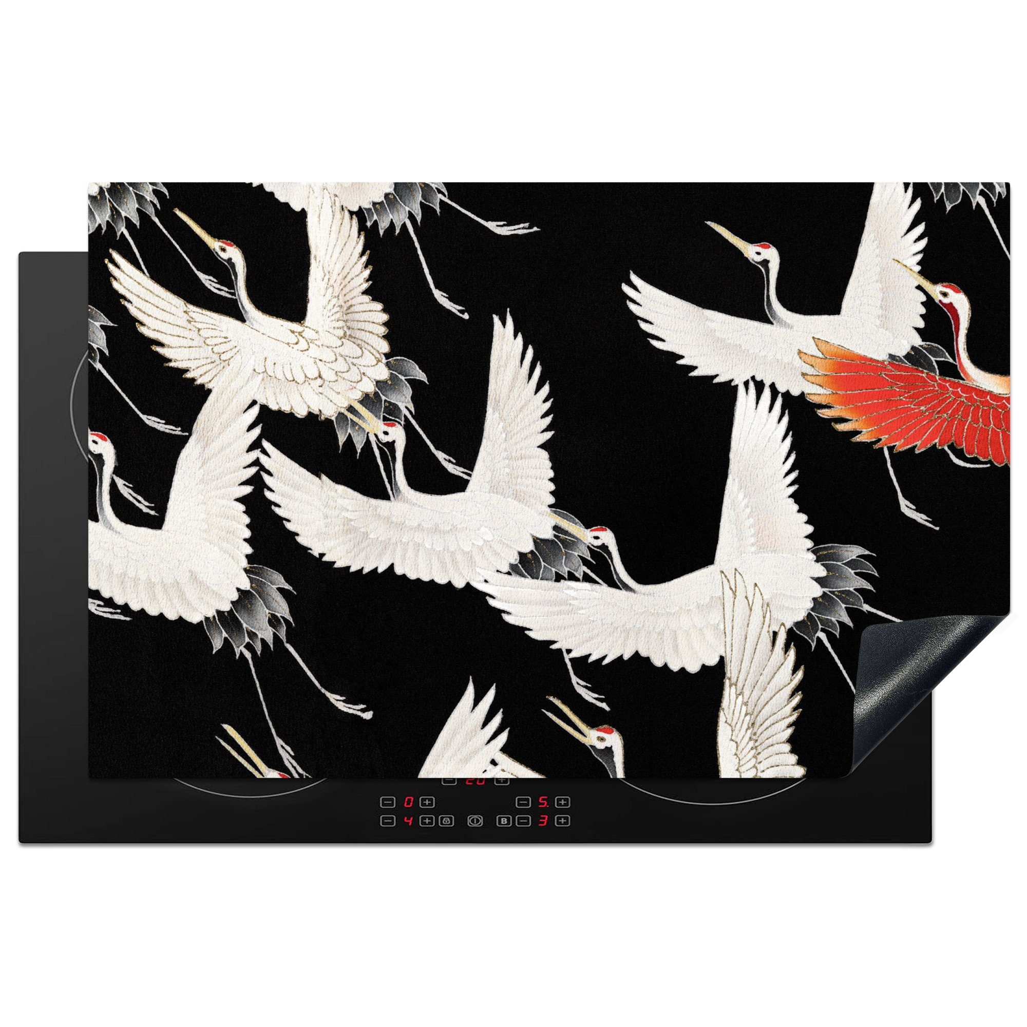 MuchoWow Herdblende-/Abdeckplatte Kranich - Rot - Weiß - Japandi, Vinyl, (1 tlg), 81x52 cm, Induktionskochfeld Schutz für die küche, Ceranfeldabdeckung