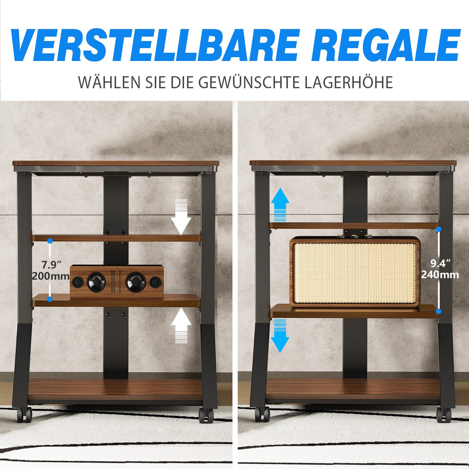5Rcom TV-Ständer 4-stufiges Hi-Fi-Audio-Rack und -Ständer, Audio-Ständer, AV-Ständer, (1-tlg., mobiler Ständer mit schwenkbaren Rollen und 54 kg Tragkraft) – Bild 4 von 5