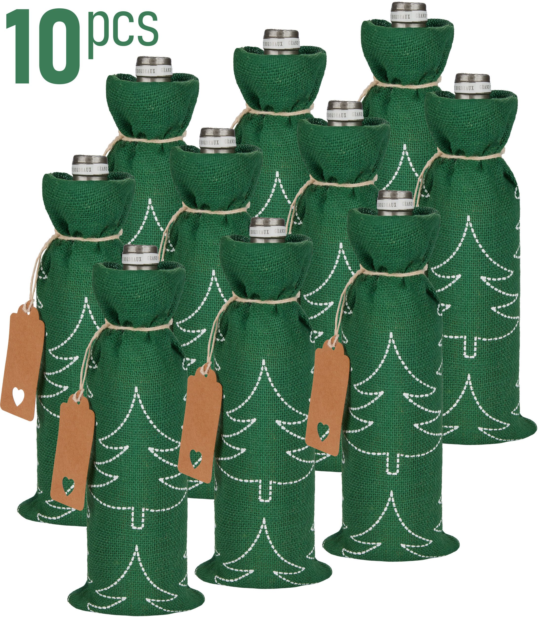 BRUBAKER Weinflaschenhalter Weinbeutel für Weihnachten - Tannenbäume Grün - 36 cm x 17 cm Jutesack, (Weinsack aus Jute - Weintasche Sack, 10-St., Geschenk für Wein, Sekt und Champagner), Flaschenbeutel für Weingeschenk