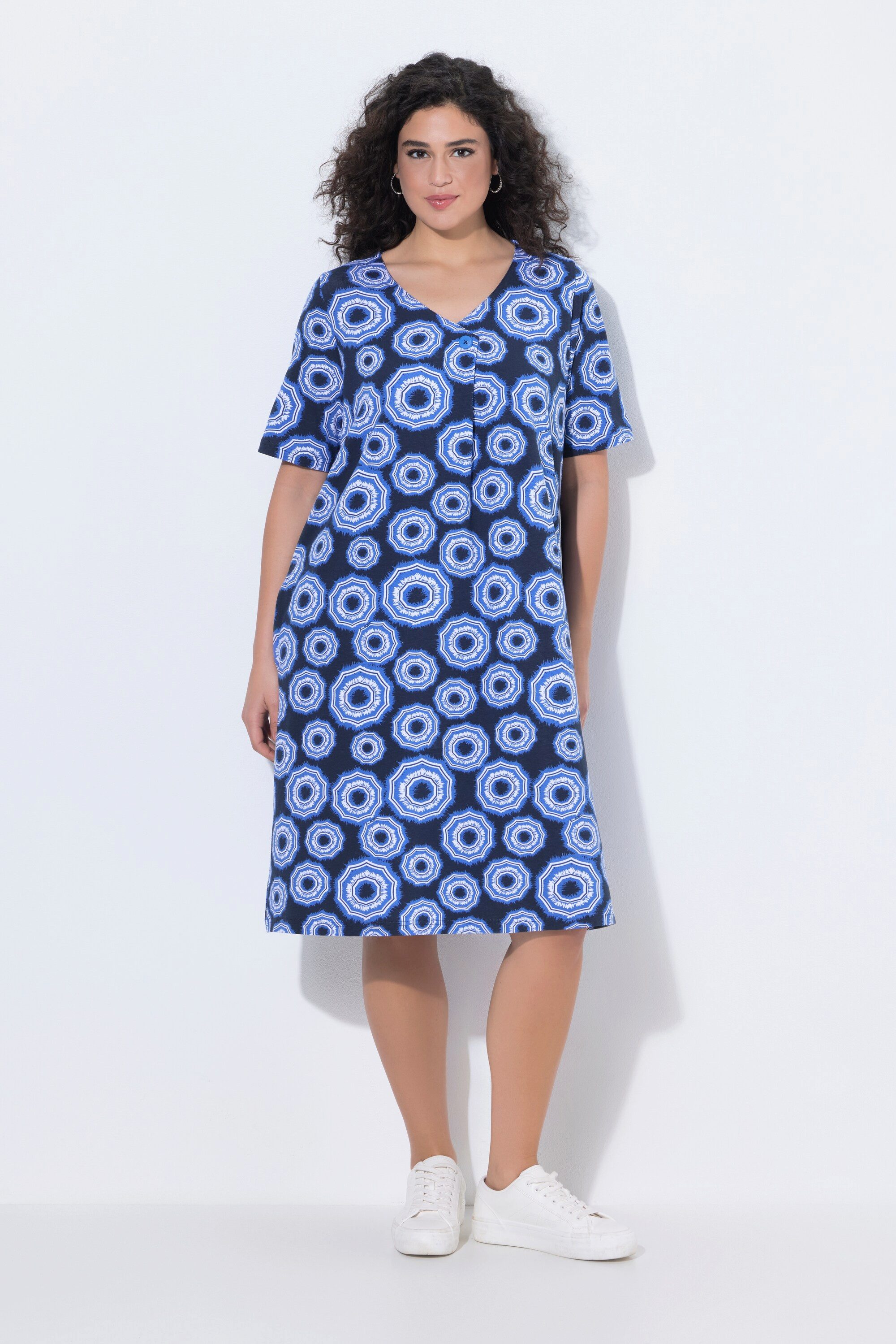 Ulla Popken Jerseykleid Jerseykleid Sonnenschirme V-Ausschnitt Halbarm