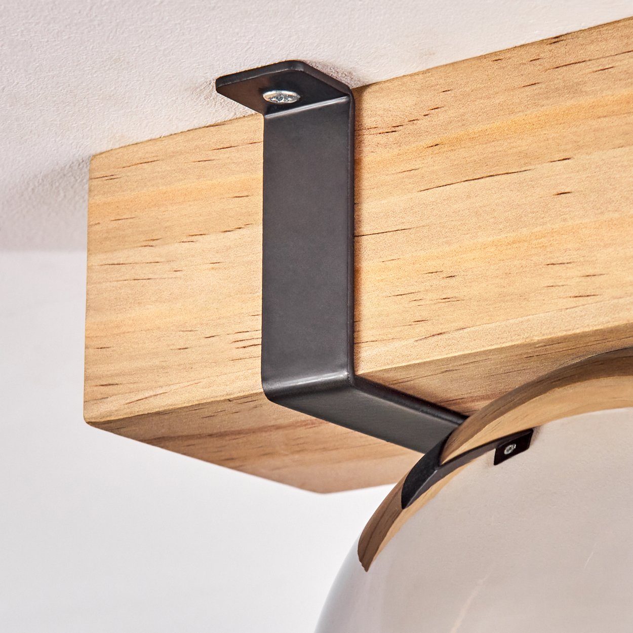 hofstein Deckenleuchte Deckenlampe aus Metall/Holz/Glas in Schwarz/Natur/Chromfarben, ohne Leuchtmittel, Holzbalken und Glasschrim Ø15cm, 1x E27, ohne Leuchtmittel