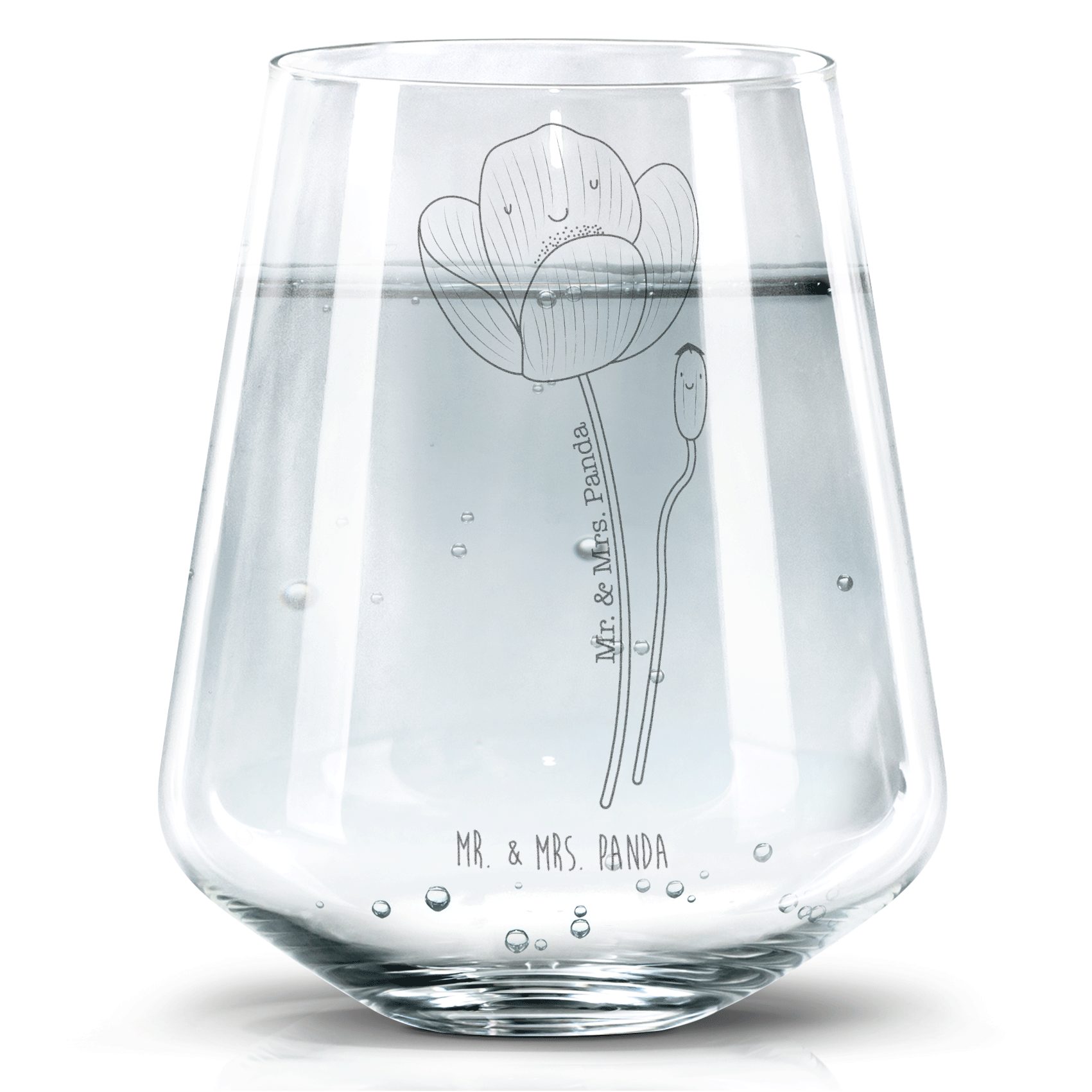 Mr. & Mrs. Panda Glas Blume Mohnblume - Transparent - Geschenk, Wasserglas, Trinkglas mit G, Premium Glas, Hochwertige Lasergravur