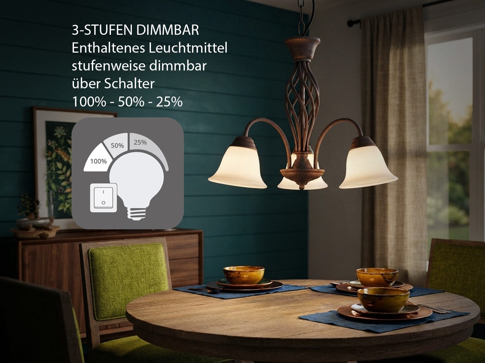 TRIO Leuchten LED Pendelleuchte dreiflammig Ø 55cm inkl. E14 LEDs, LED wechselbar, Warmweiß, große Landhausstil Esstisch-Lampe, Esszimmerlampe hängend – Bild 4 von 5