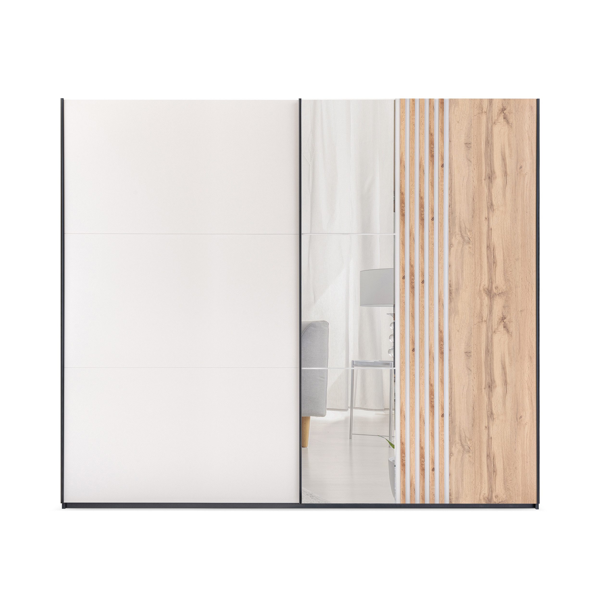 Beautysofa Schwebetürenschrank EVIA mit Spiegel und 2 Türen (Regalböden und Kleiderstangen, modernes Design) Breite: 203 cm oder 250 cm