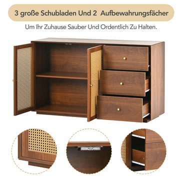 OKWISH Sideboard Kommode (Kommode mit 3 Schubladen & 2 Türen, Anrichteschrank Rattan, Schrank modern Schubladenkommode mit Metallgriffe), für Schlafzimmer & Wohnräume & Büro