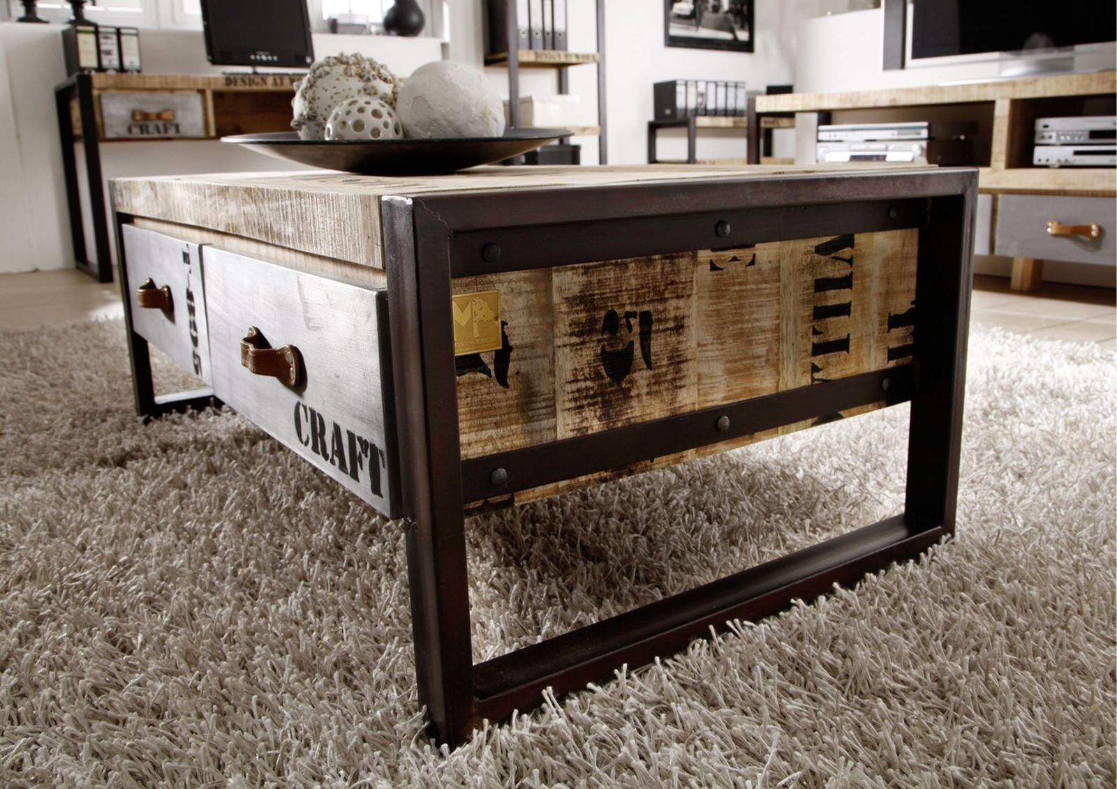 Massivmoebel24 Couchtisch FACTORY (Massivholz, Massivholztisch), Couchtisch Mango 115x60x40 natur bedruckt FACTORY #128