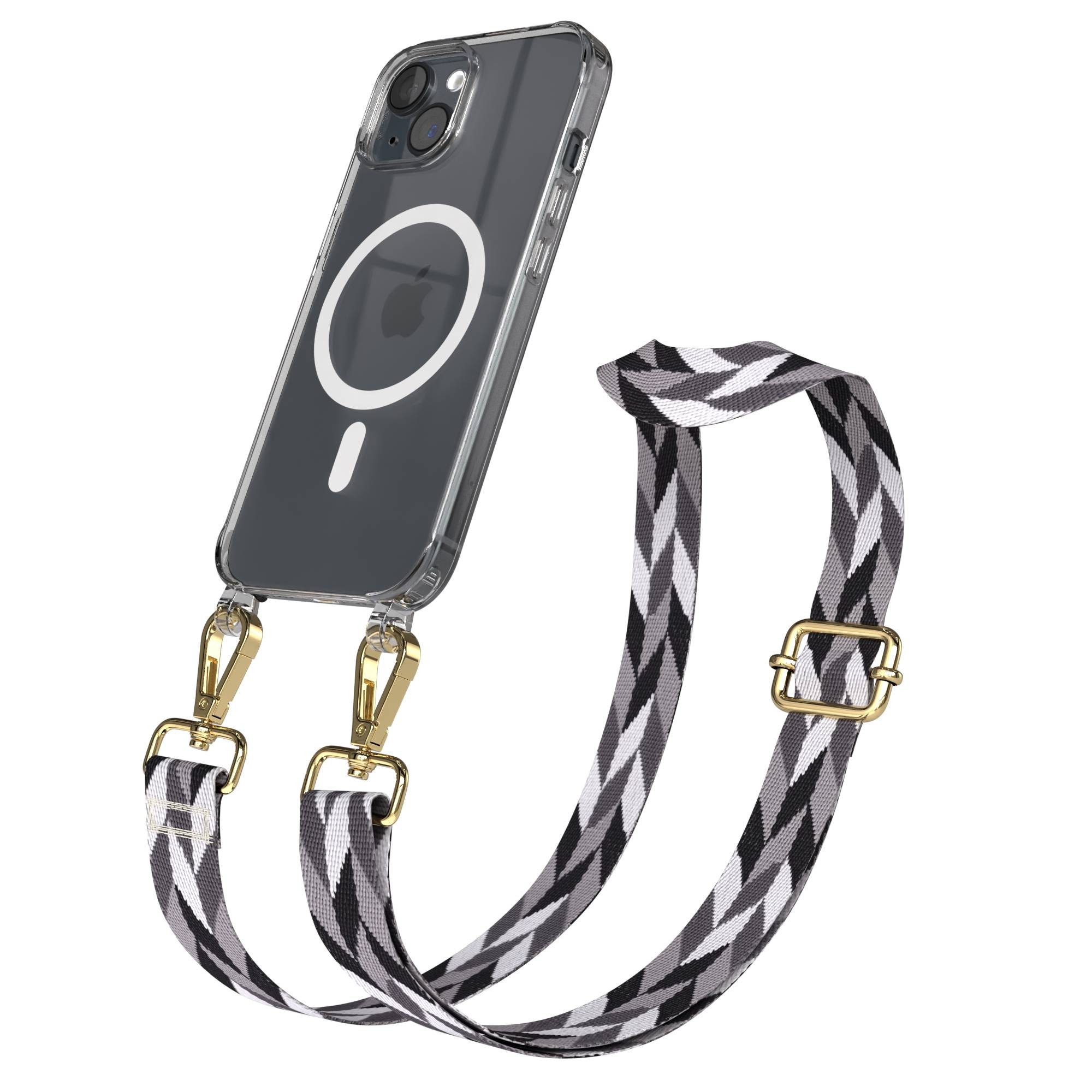 EAZY CASE Handykette Umhängeband MagSafe Hülle für Apple iPhone 15 6,1 Zoll, Handy Necklace MagSafe Hülle mit langem Band Mix Grau Schwarz