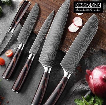 KESSMANN Messer-Set Edelstahl Profi Küchenmesser Set 5 teilig ultra scharf Messerset (Set, 5-tlg., Messer mit Laserschliff Damaskus Kochbesteck Küchenmesser Knife), Kochmesser Fleischmesser Santokumesser Schälmesser Allzweckmesser