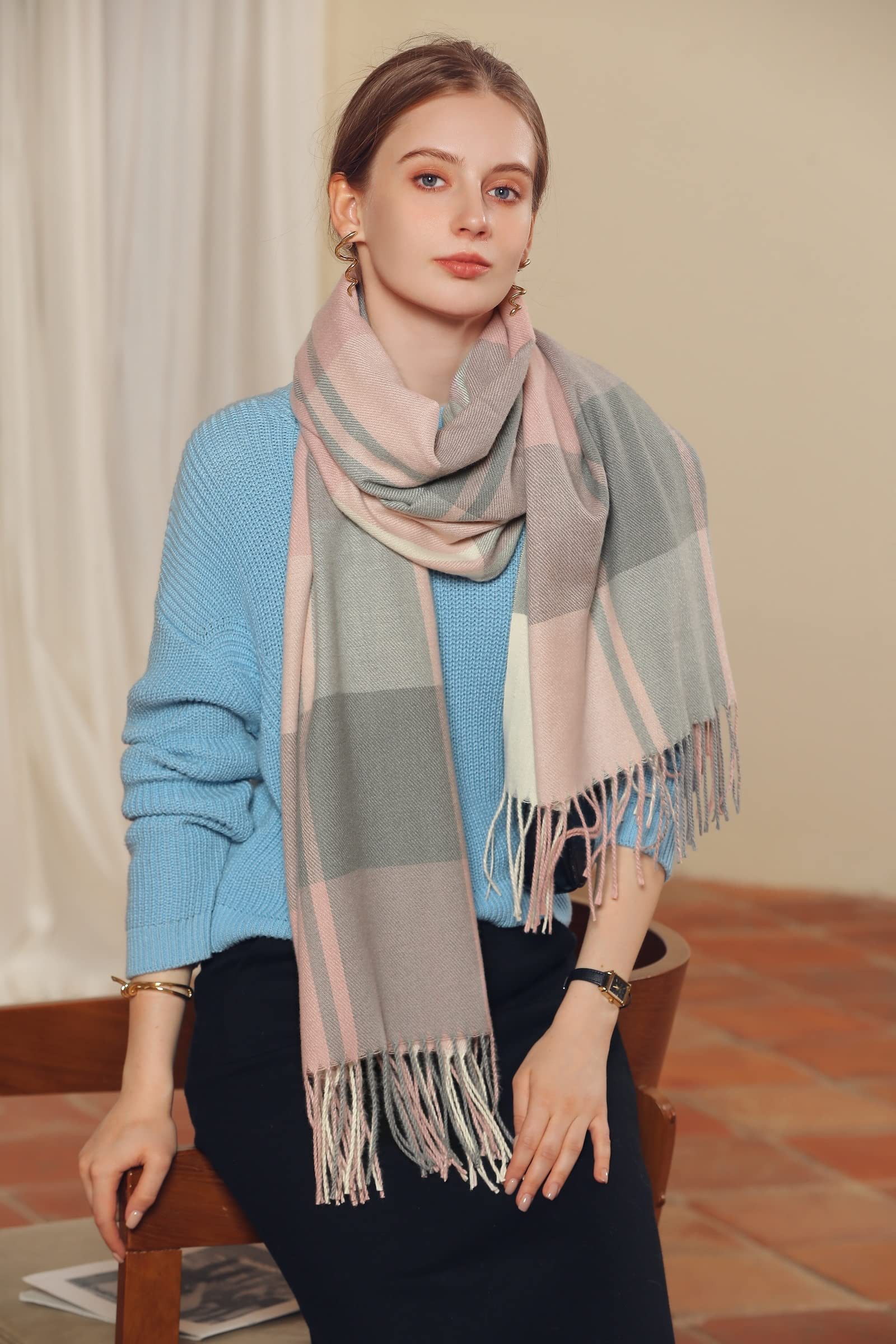 Coonoor Modeschal Damen Kariert Oversized Schal mit Fransen, Winterschal Weich Wraps, Karo Fransen Schals Warm für Herbst Winter, Mischfarbe – Bild 3 von 5
