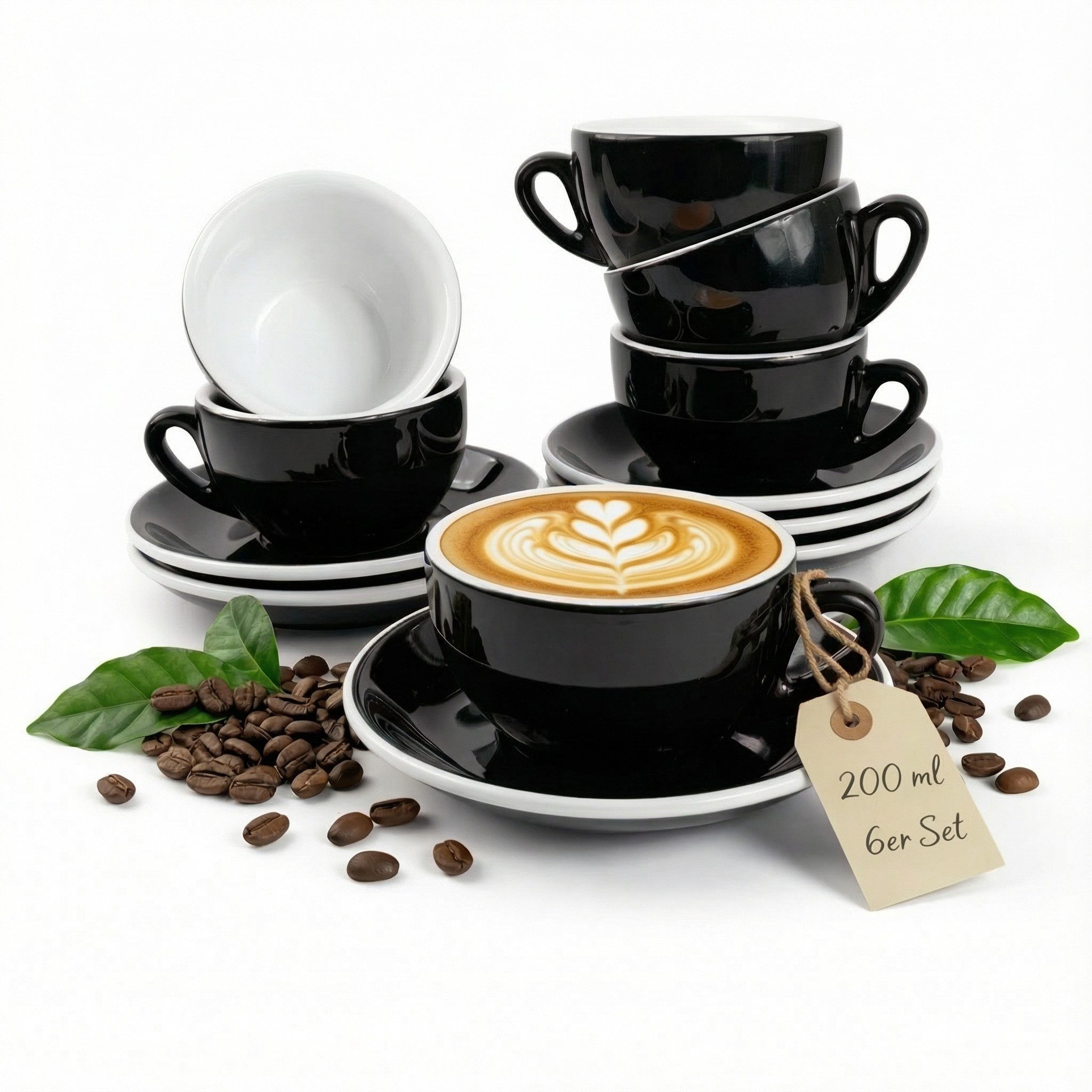 MUVELL Cappuccinotasse 6er Cappuccino-Set "Rimini" Tasse 200ml+Untertasse, schwarz, 6-tlg., Keramik, 200 ml Schwarz mit weißen Rand und Innenfläche