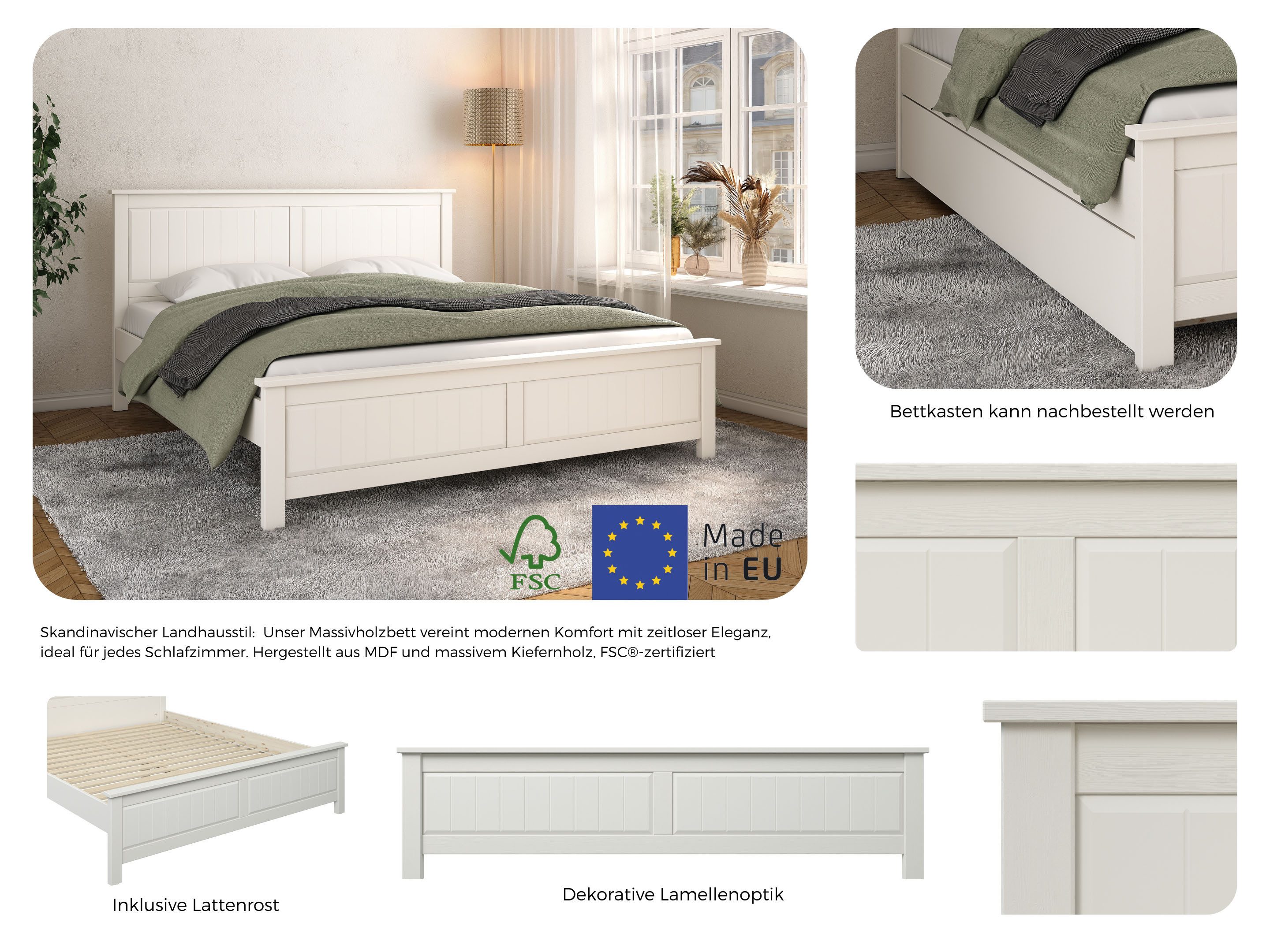OTTO home Massivholzbett Northwood, Landhausstil, mit Lamellen und Kassetten, Made in EU (Liegefläche 180x200cm), inklusive Lattenrost, stilvolles Design, Schub – Bild 3 von 5