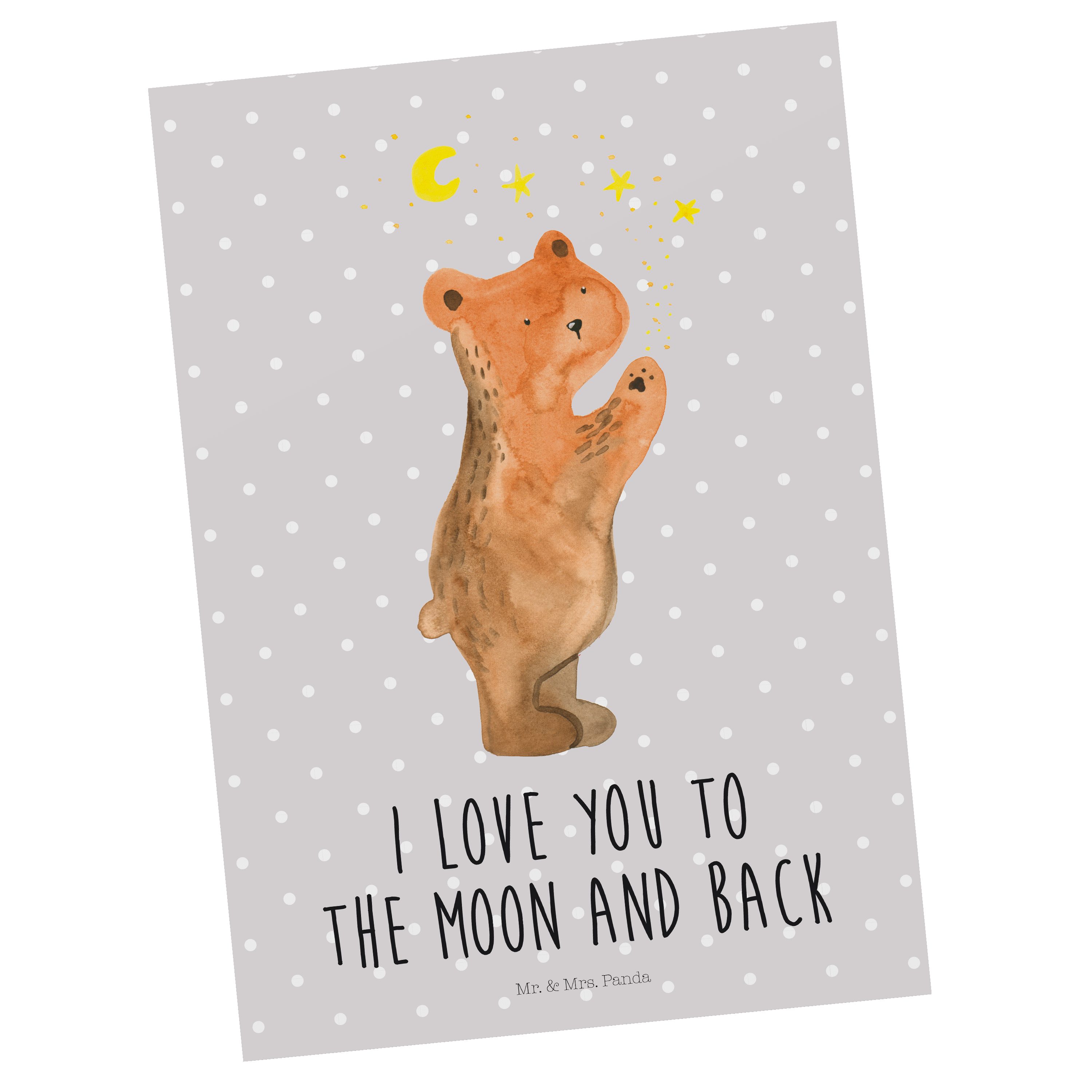 Mr. & Mrs. Panda Postkarte Verliebter Bär, Postkarte, Grau Pastell, Teddy, To The Moon And Back