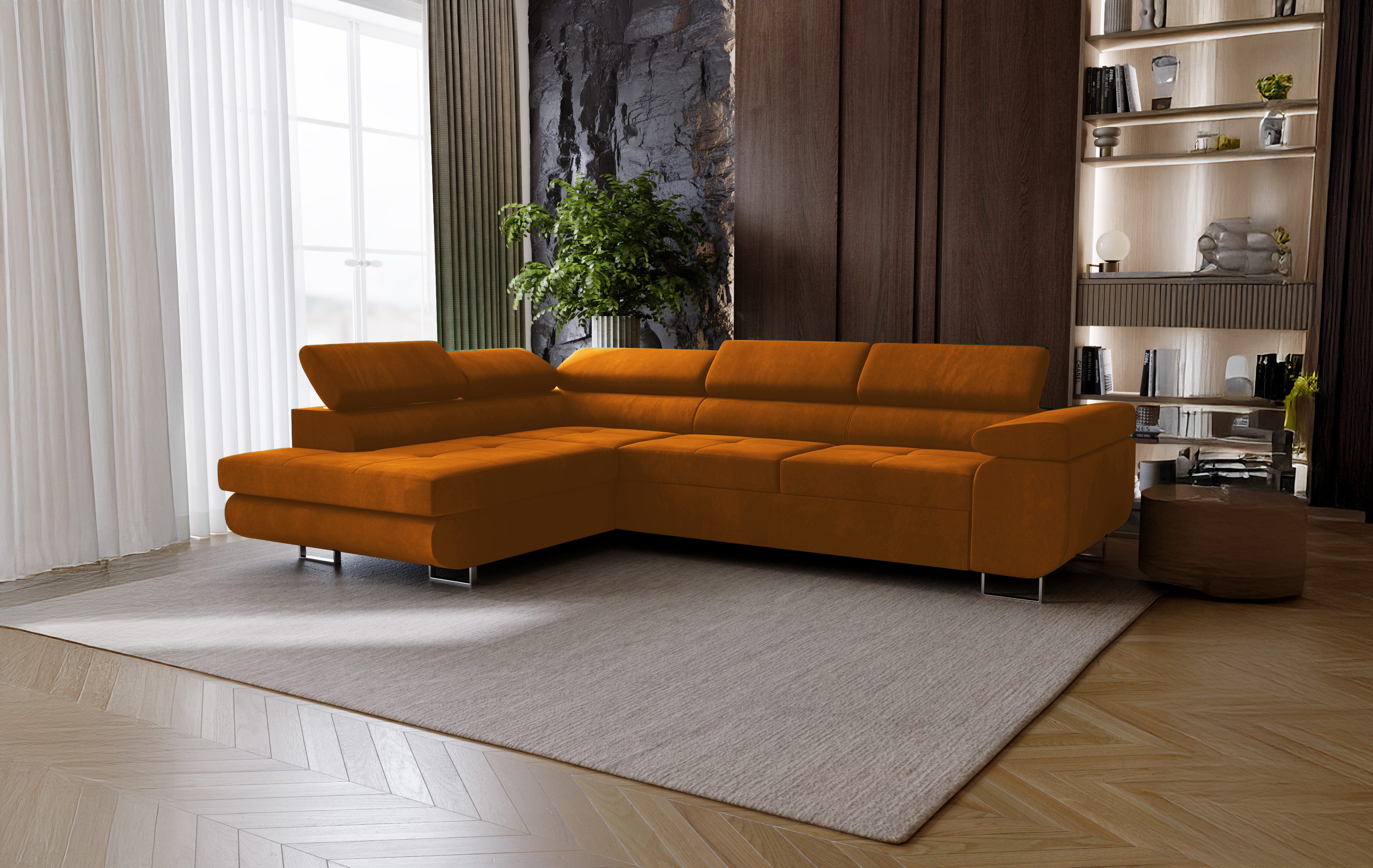 Goldstoff Ecksofa mit Schlaffunktion - Designersofa, Sofa mit Bettfunktion günstig online kaufen
