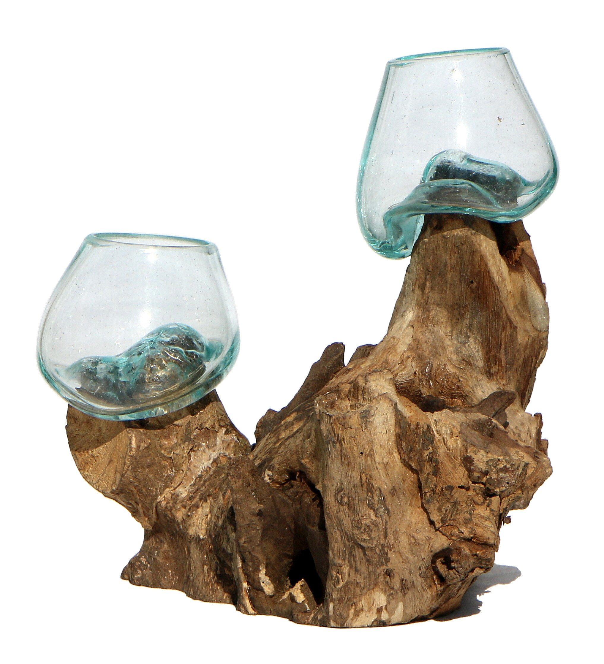 Wogeka Dekovase Doppel Glas-Vase auf Wurzel-Holz Gamal Teakholz