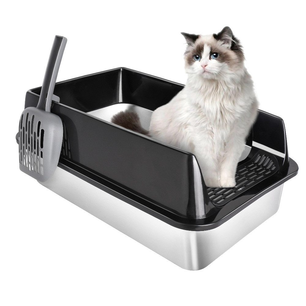 JEOBEST Katzentoilette Katzenklo Edelstahl XL, Offene Katzenklo, Nicht klebrig, mit Pedals und Schaufel, Geruchsfrei und langlebig