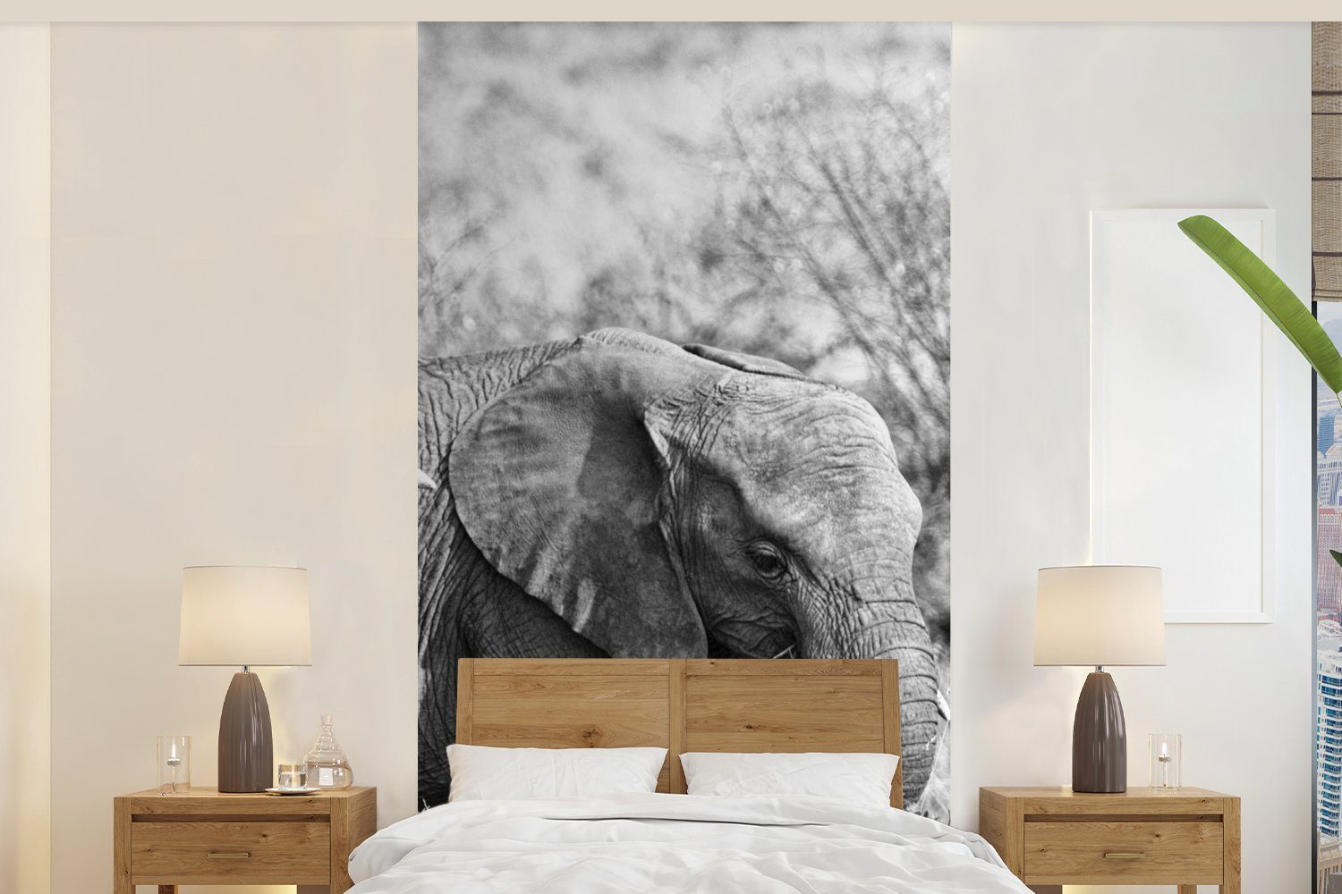 MuchoWow Fototapete Elefant - Tiere - Gras - Schwarz und weiß, Matt, bedruckt, (2 St), Vliestapete für Wohnzimmer Schlafzimmer Küche, Fototapete