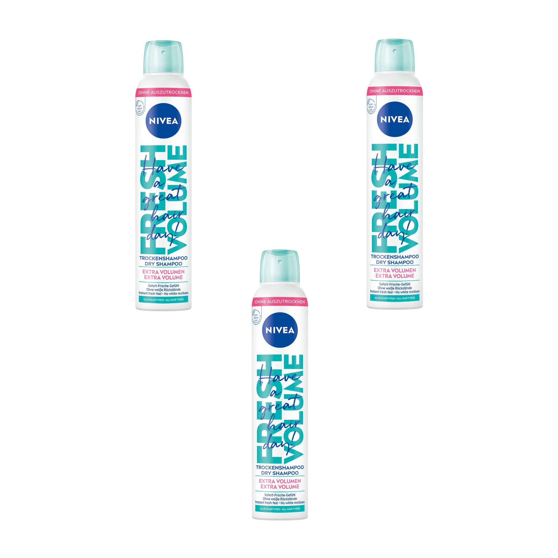 Nivea Trockenshampoo Hair Care Trockenshampoo Fresh Volume mild vegan 3 x 200 ml, 3-tlg., Hinterlässt keine weißen Rückstände und trocknet das Haar nicht aus