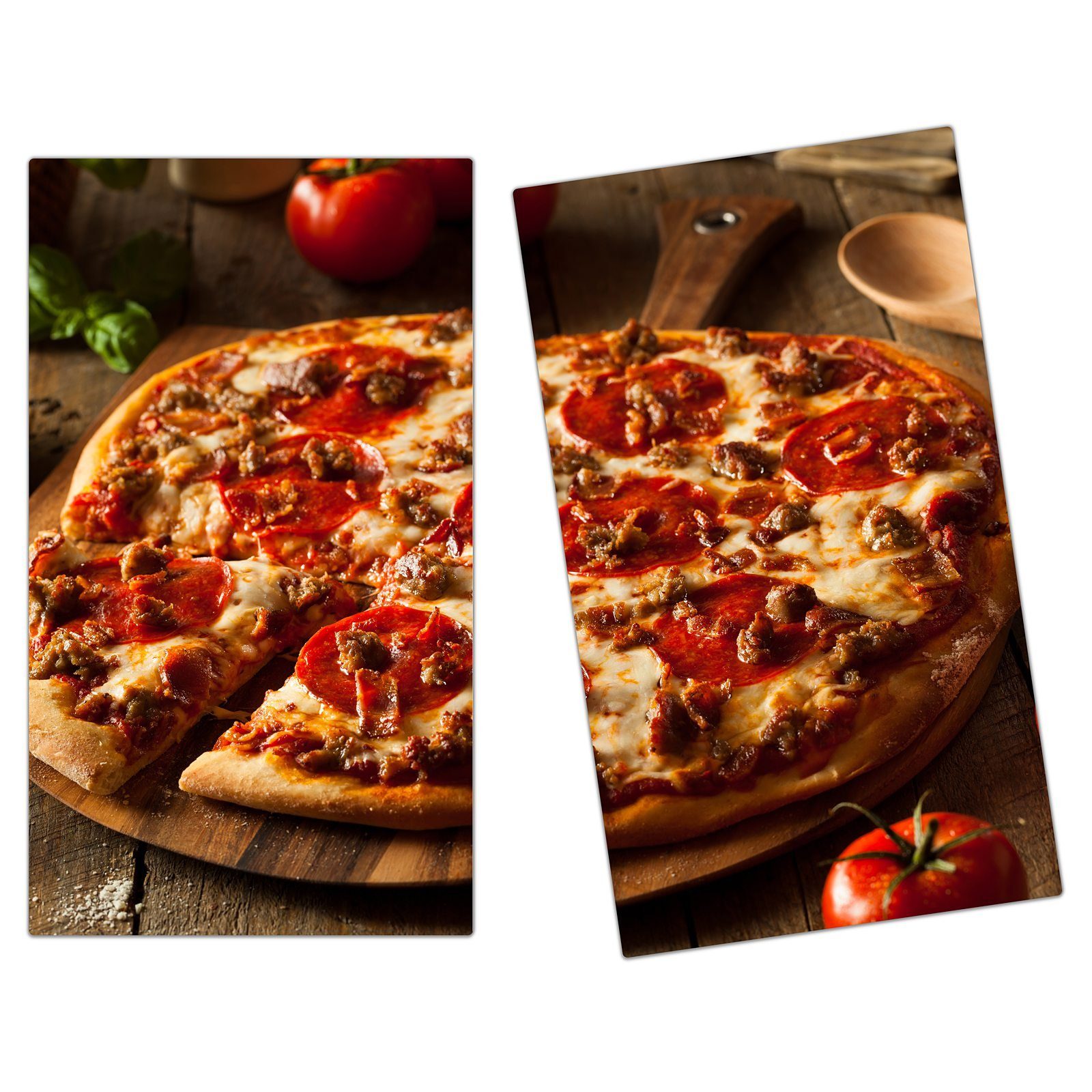 (2 Pizza Glas Spritzschutz auf Herdabdeckplatte aus Holzplatte, Primedeco Glas, Herd-Abdeckplatte tlg)