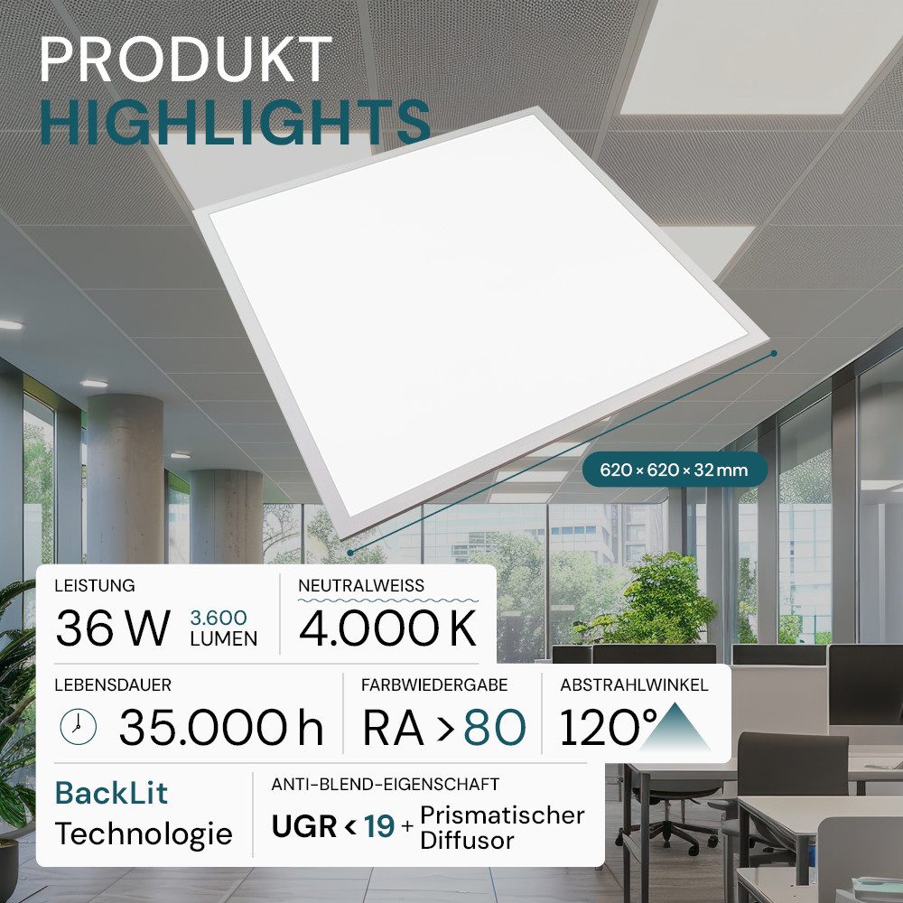 LUXULA LED Rasterleuchte LUXULA LED Panel 36 W 4000 K, LED fest integriert, Neutralweiß