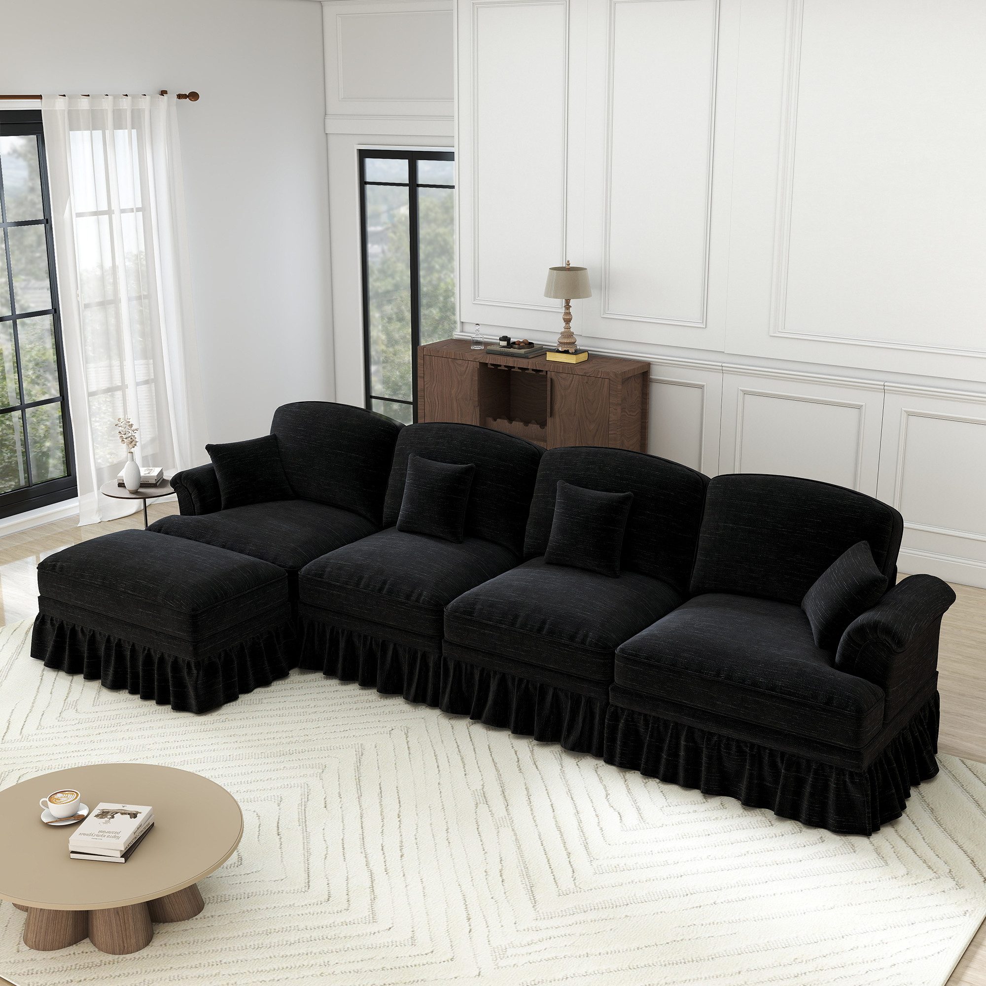 Leawin Sofa Chenille Sofa mit Rüschenschürze & Hocker – sofas wohnzimmer, Gemütliches Sofa mit Bettfunktion & abnehmbarer Rüschenfaltenrock