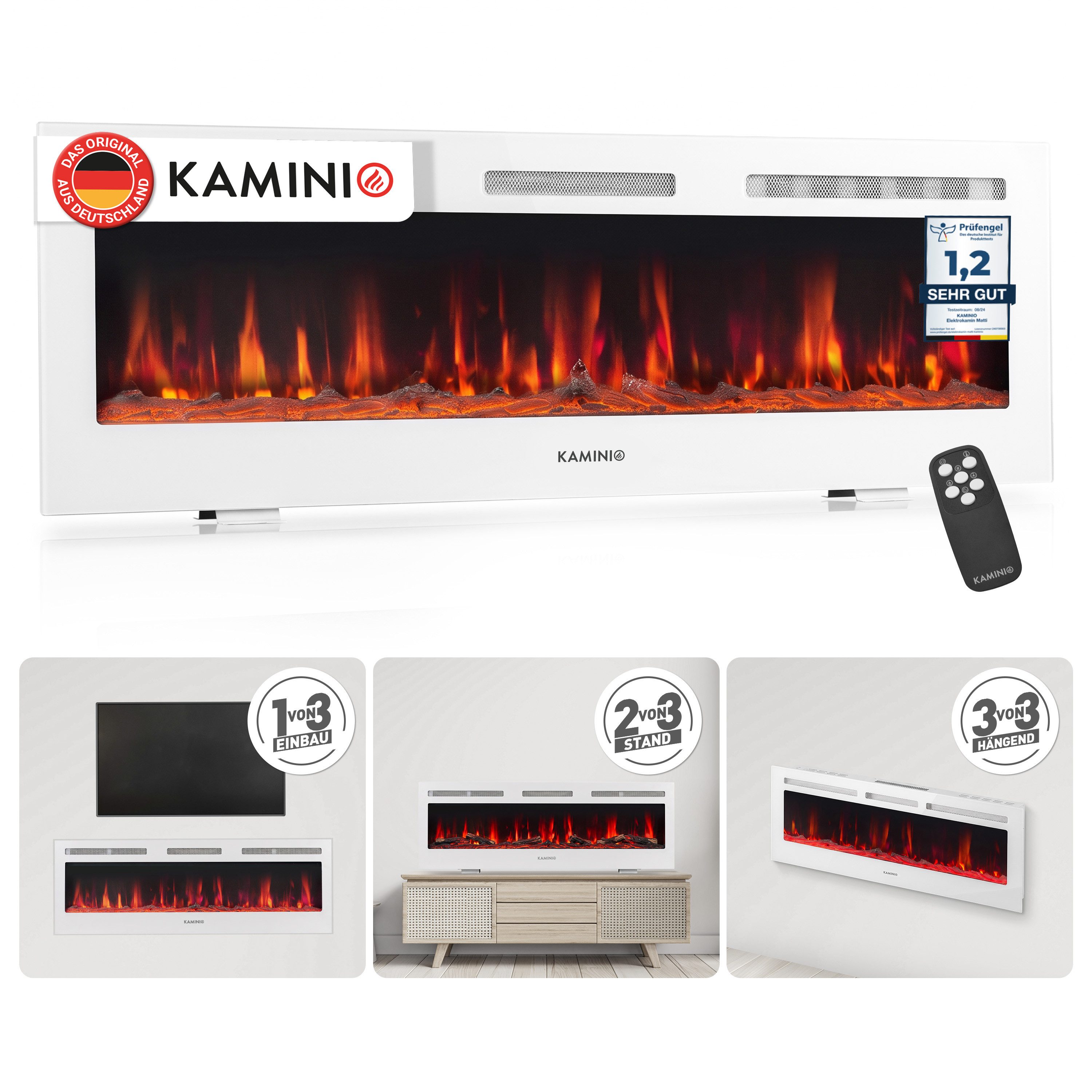 KAMINIO Elektrokamin MARLON, 3in1 Kamin: Elektrischer Stand-, Wand- und Einbaukamin, Heizung 1800W