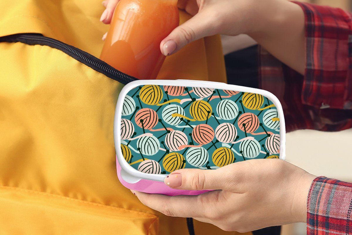 MuchoWow Lunchbox Stricken - Mädchen, Kunststoff Brotdose Muster, für (2-tlg), Kunststoff, Wolle Brotbox rosa Erwachsene, - Snackbox, Kinder
