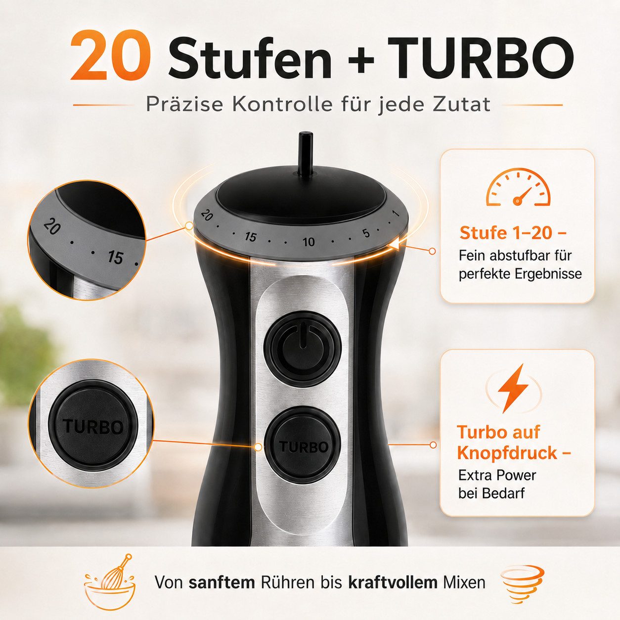 Luckice Stabmixer 1000W 4in1 Elektrisch Edelstahl Pürierstab mit 20 Geschwindigkeiten, 1000 W, TURBO-Taste für die Zubereitung von Soße,Babynahrung und Suppe – Bild 3 von 5