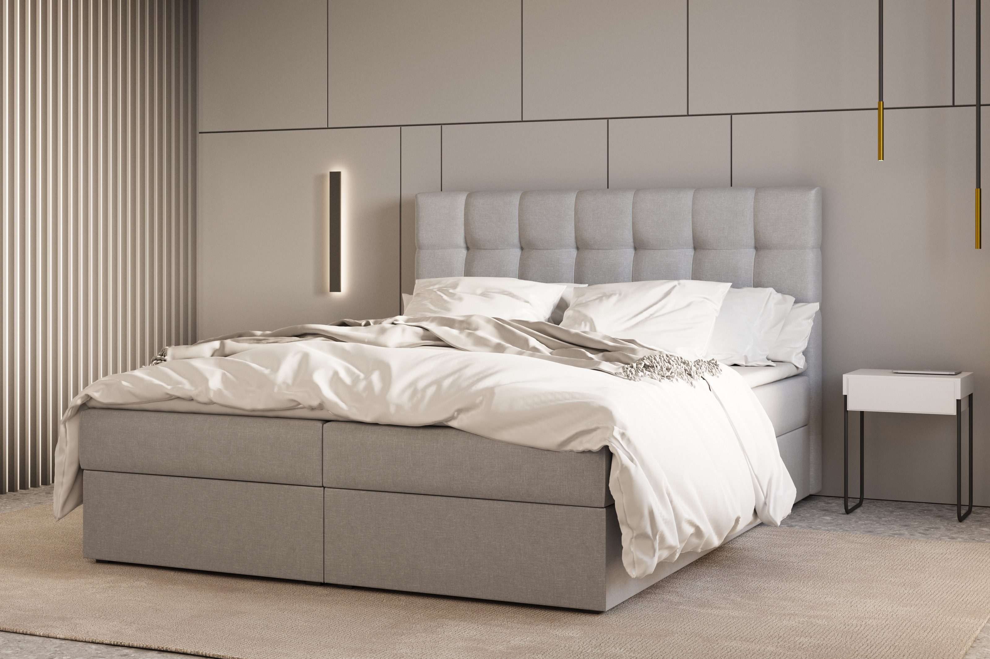 MOEBLO Boxbett Bett 05 (Polsterbett Kontinentalbett, Bonell, Topper, Doppelbett 140x200, gepolstertes Kopfteil mit Bettkasten), gepolstertes Kopfteil mit Bettkasten