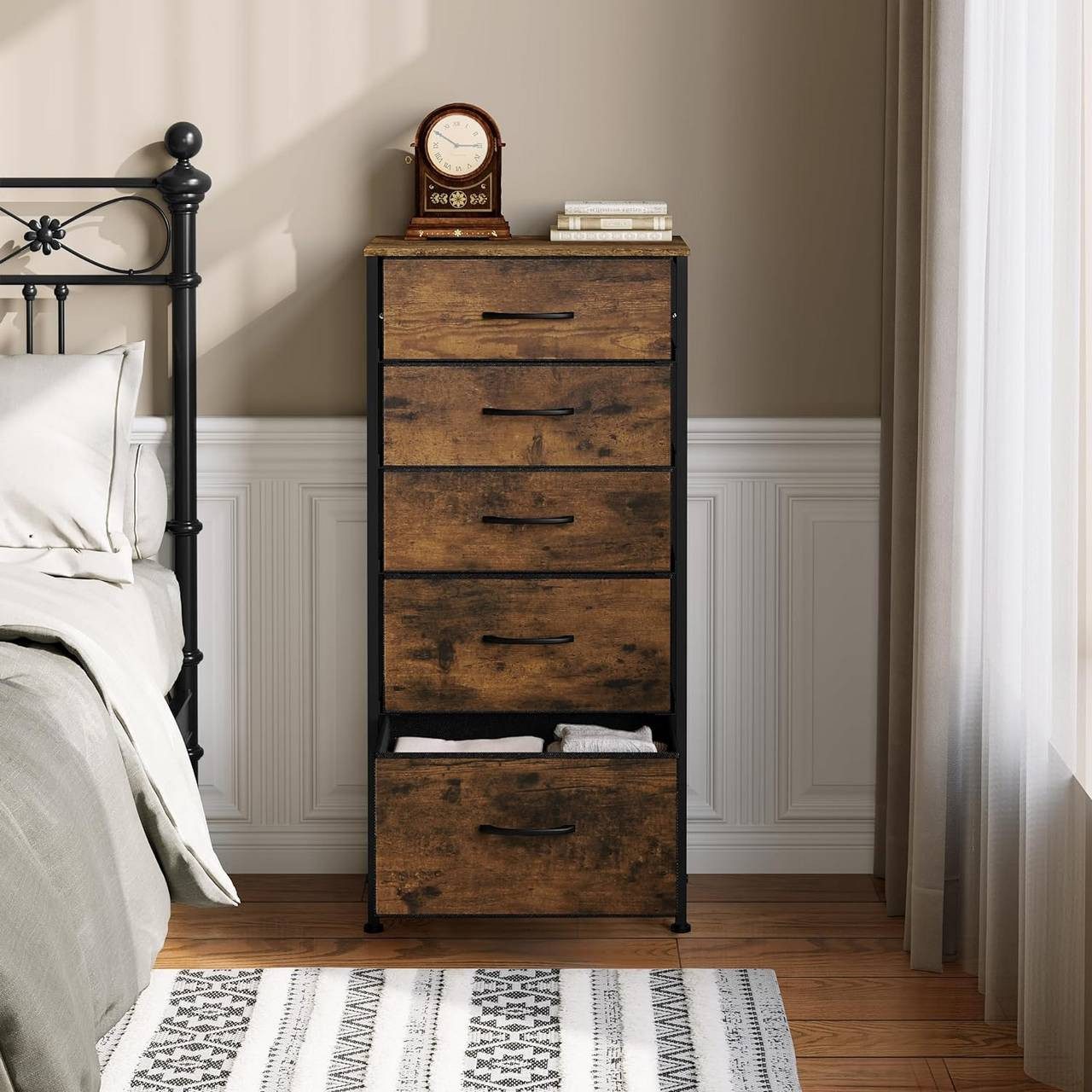 Woltu Hochkommode, aus Metallrahmen Holzwerkstoff, mit 5 Schubladen aus Stoff